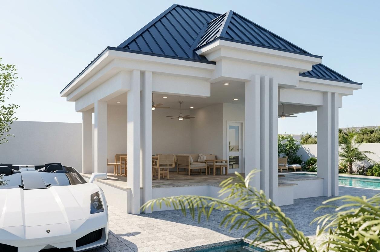 An incredibly lifelike, richly detailed, photorealistic wide-angle shot of a minimalist coastal pavilion set in a bright, breezy spring environment. The scene is illuminated by the sharp, clarifying light of a midday sun, creating an airy and sun-kissed atmosphere that feels both fresh and inviting. Captured with a professional 35mm lens, the image emphasizes the crisp architectural lines of the brilliant white structure and its deep navy-blue standing-seam roof, which pops against the pale azure sky. The interior is a masterclass in relaxed, nautical luxury, featuring an uncluttered layout of sand-colored wicker and natural wood furniture that suggests a casual beachside lifestyle. A sleek white supercar is parked on the granite-tiled driveway in the foreground, its reflective surfaces echoing the high-end polish of the entire estate. Framed by delicate, soft-focus greenery and long shadows cast by the distinctive triple-column architecture, the composition invites the viewer into a serene, private retreat where the scent of salt air and the cooling coastal breeze feel almost tangible, perfectly suited for a high-end photography book or seascape wall art.