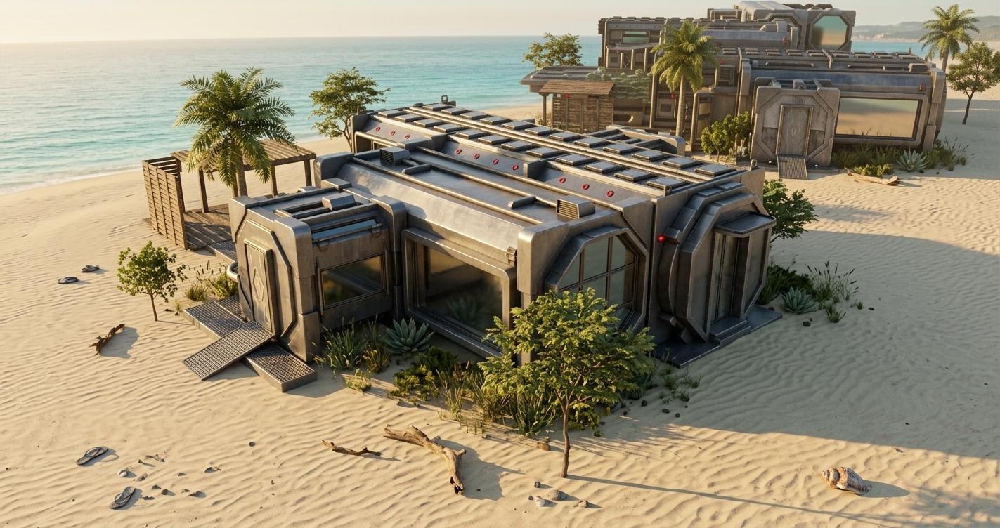 An incredibly lifelike, richly detailed, photorealistic wide-angle exterior shot of a modular, cyber-eclectic fusion residence set on a pristine, sun-drenched coastal beach. The scene is illuminated by the warm, low-angled light of the golden hour, creating a tranquil yet high-tech atmosphere. Captured with a 24mm architectural lens, emphasizing the brushed gunmetal textures of the metallic exterior panels and the soft, organic contrast of the white sand and weathered shoreline stones. A sleek, dark geometric walkway weaves through low-lying coastal vegetation and several lush green leafy trees, leading directly to the house's reinforced octagonal portals and industrial-grade ramps. In the background, the turquoise ocean gently meets the horizon under a clear, hazy sky, while the building's large viewing ports reflect the serene seascape, highlighting the striking juxtaposition of industrial sci-fi modules against a luxurious, natural environment.