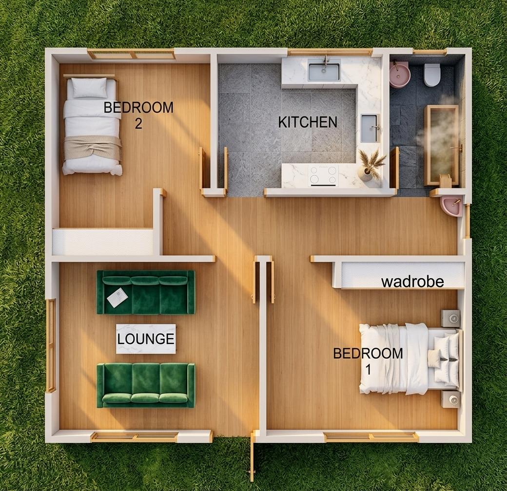 An incredibly lifelike, richly detailed, photorealistic top-down floorplan photo of a modern, minimalist villa set in a field of vibrant, dew-kissed green grass. The scene is illuminated by the soft, warm glow of late afternoon sunlight filtering through expansive windows, creating a tranquil and sophisticated atmosphere. Captured with a high-resolution architectural camera and a wide-angle lens, the image emphasizes the seamless flow between rooms and the rich textures of the materials: smooth, polished light-oak floors throughout the living areas, plush emerald-green velvet on the opposing lounge sofas, and crisp, high-thread-count white linen bedding in the two private bedrooms. The kitchen features a sleek, white marble countertop with an integrated stainless steel sink, while the standout onsen area is a haven of contemporary elegance, showcasing textured charcoal stone tiles and a deep, steaming cypress wood soaking tub. Every detail, from the slender honey-toned wooden door frames to the clean architectural lines of the built-in white wardrobes, is rendered with absolute precision, highlighting a perfect harmony between luxury and natural serenity.