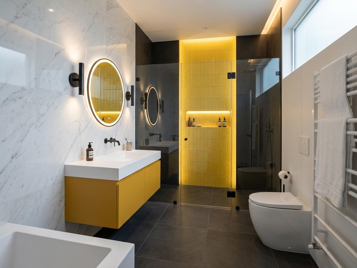 An incredibly lifelike, richly detailed, photorealistic wide-angle interior shot of a sophisticated contemporary bathroom set in a luxury modern apartment. The scene is illuminated by a combination of soft, diffused morning light filtering through a high, frosted clerestory window and warm, integrated LED strip lighting hidden in ceiling coves, creating a serene and energizing atmosphere. Captured with a 24mm wide-angle lens, emphasizing the seamless transitions between stone surfaces and the crisp, vibrant interplay of the color palette.

The reimagined space transforms the raw construction into a masterclass of **Contemporary Elegance**. The floor is laid with oversized, matte-finish charcoal gray porcelain tiles that ground the room with a sense of stability and modern edge. The walls are predominantly clad in large-format, high-gloss white marble tiles with subtle gray veining, reflecting light to make the space feel expansive and airy.

At the far end, the back wall is transformed into a stunning walk-in shower. Instead of a bulky cabin, it features a minimalist floor-to-ceiling panel of ultra-clear tempered glass with sleek, matte black hardware. The back wall of the shower serves as a focal point, featuring a vertical stack of textured, sunny canary yellow subway tiles that inject a bold, cheerful energy into the monochrome base. A recessed niche within the shower is backlit with warm LEDs, highlighting premium organic apothecary bottles.

To the left, a custom floating vanity unit commands attention. The cabinetry is finished in a sophisticated matte mustard yellow lacquer, topped with a seamless white Corian countertop and an integrated rectangular basin. Above it hangs a large, circular mirror with a perimeter glow, flanked by minimalist black sconces. The fixtures, including the wall-mounted faucet and the overhead rain shower head, are finished in a fingerprint-resistant matte black, providing a sharp contrast to the white and yellow surfaces.

The composition is meticulously balanced, utilizing the rule of thirds to guide the eye from the vibrant vanity on the left to the luminous shower sanctuary at the back. Every detail—from the plush gray cotton towels neatly folded on a black heated rack to the single architectural plant in a gray stone pot—contributes to a feeling of high-end functionalism. The design achieves perfect harmony by blending the coolness of the gray floor with the warmth of the yellow accents, all held together by the pristine white envelope of the walls, creating a private retreat that is both luxurious and impeccably modern.