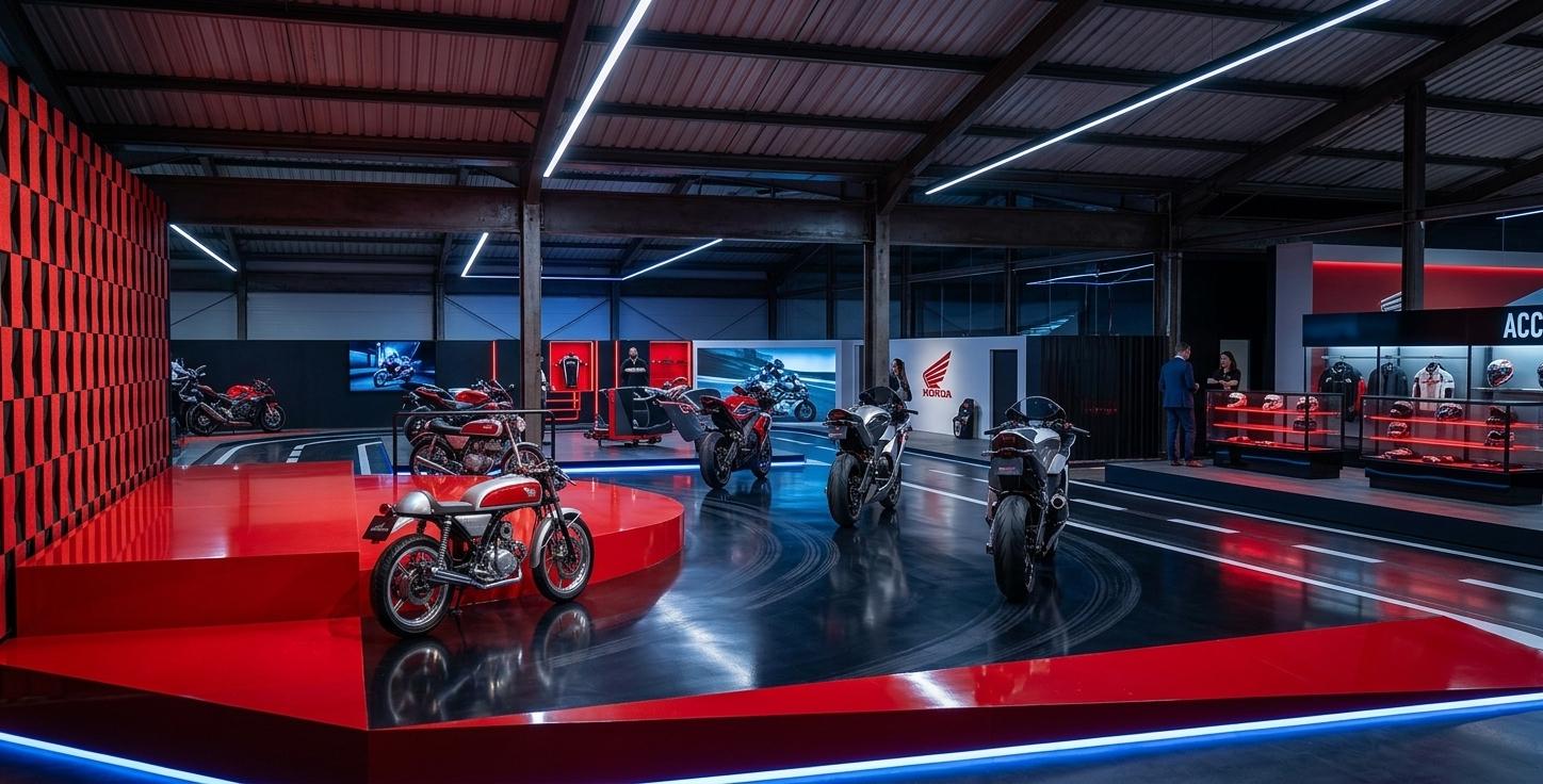 An incredibly lifelike, richly detailed, photorealistic wide-angle interior shot of a high-octane Honda motorcycle exhibition space set in a converted industrial flagship center. The scene is illuminated by recessed LED light channels embedded in the floor and ceiling, casting a sharp, cinematic glow in shades of cobalt blue and obsidian, creating a high-energy, futuristic cyber eclectic atmosphere. Captured with a Phase One XF and a 24mm wide-angle lens, emphasizing the gleaming reflections on the polished resin floor and the intricate mechanical textures of the motorcycles. The architectural design features a bold, multi-leveled layout where a primary geometric plinth in vibrant gloss red showcases a classic Honda cafe racer, while modern sportbikes are dynamically positioned along simulated asphalt tracks that wind through the hall. To the left, a massive feature wall is clad in a tactile, three-dimensional red-and-black checkered paneling, providing a rhythmic backdrop to the sleek, metallic machines. Structural steel columns and exposed ceiling rafters lend an industrial edge, juxtaposed against minimalist glass display cabinets with integrated red lighting. The space feels expansive yet focused, blending the grit of motorsport with high-tech branding to create an immersive environment that celebrates the evolution of speed.