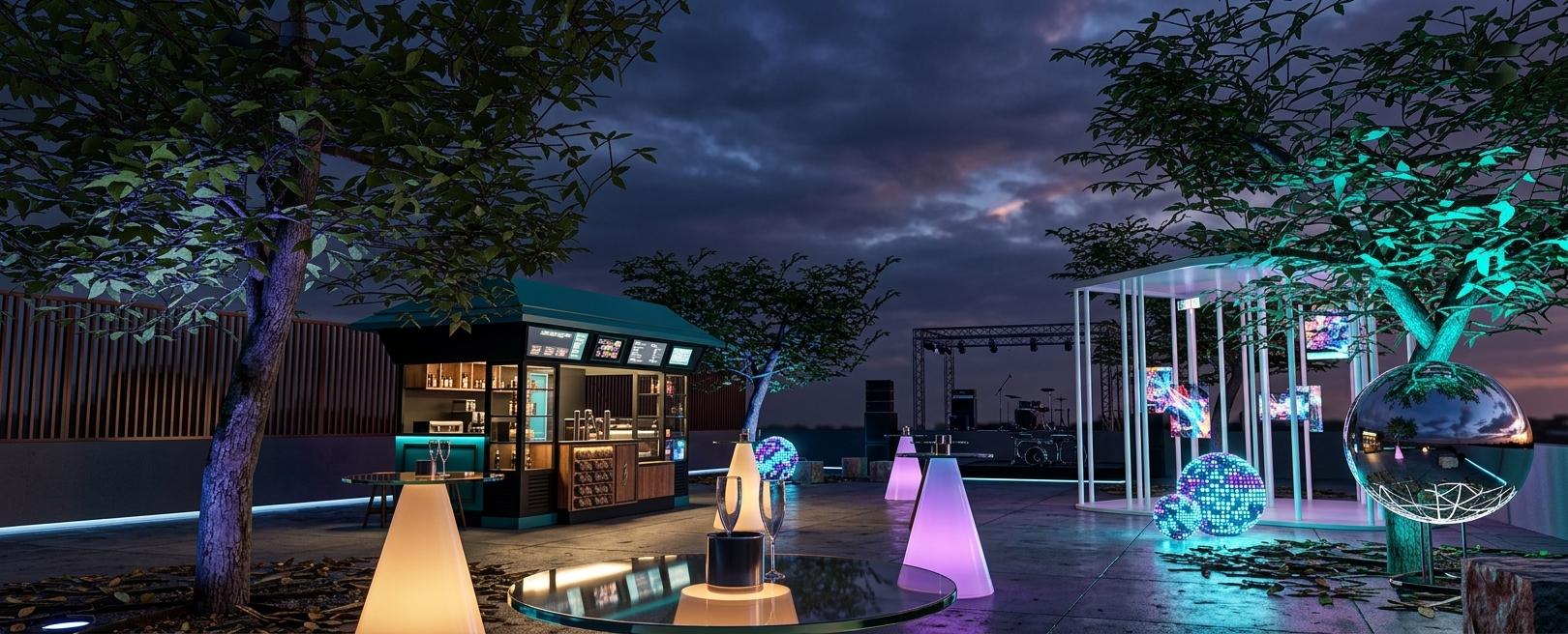 An incredibly lifelike, richly detailed, photorealistic wide-angle landscape photo of an outdoor digital art exhibition space set in an urban event plaza during a moody twilight evening. The scene is illuminated by a captivating neon-noir lighting scheme, with vibrant neon cyans, deep purples, and warm amber glows emanating from interactive digital installations and illuminated cocktail tables, creating a mysterious, futuristic, and high-energy atmosphere. Captured with a professional 24mm wide-angle lens, emphasizing the crisp textures of lush green tree canopies, realistic rough bark, polished glass tabletops, and sleek metallic finishes. On the left, a stylish matte black and teal food kiosk stands fully detailed with glowing counter displays, while cone-shaped pedestal tables glow softly from within, reflecting off elegant glassware. To the right, a minimal white-columned pavilion showcases dazzling digital art, including abstract screen-paintings and a mosaic pixelated sphere, while a polished performance stage rests in the background against a dark, dramatic sky, perfectly capturing a high-end, high-tech digital expo experience.