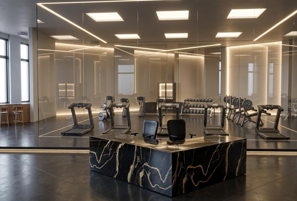 An incredibly lifelike, richly detailed, photorealistic wide-angle interior photograph of a luxury wellness center lobby set in a sophisticated modern industrial loft environment. The scene is illuminated by integrated, warm ambient LED strip lights and subtle volumetric glows, creating a serene, ultra-premium spa atmosphere. Captured with a professional 24mm tilt-shift lens, emphasizing the dramatic, organic veining of the polished black and gold marble reception desk, its high-gloss surface catching sharp, realistic reflections from the surrounding space. Positioned elegantly behind this sculptural desk are two sleek, minimalist black ergonomic leather chairs resting on a seamless, polished dark concrete floor. This reflective floor stretches toward a massive, square-enclosed fitness pavilion defined by pristine, full-height frameless glass walls. Inside this transparent chamber, premium athletic equipment—including state-of-the-art treadmills, stationary spin bikes, and weight benches—is meticulously arranged, glowing under soft, diffused overhead lights. Advanced ray tracing and global illumination render the complex glass refractions and soft, realistic shadows with lifelike accuracy, blending the raw, high-end aesthetic of a contemporary boutique loft with the tranquil, clean essence of a luxury Japanese onsen.