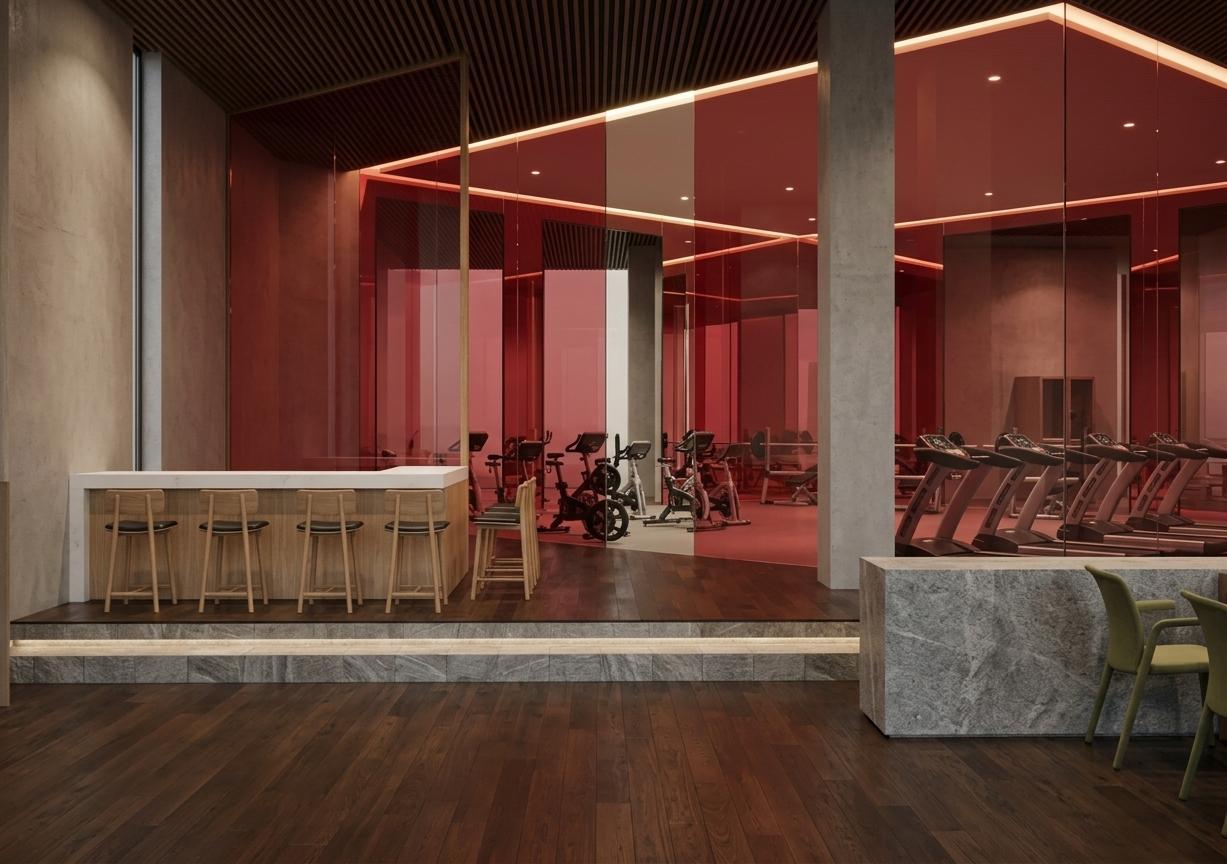 An incredibly lifelike, richly detailed, photorealistic interior photo of a modern fusion vitamin bar and state-of-the-art gym pavilion set in a tranquil, upscale wellness center with subtle onsen-inspired design cues. The scene is illuminated by soft, diffused recessed LED lighting and warm ambient glows, creating a serene, energetic yet deeply relaxing atmosphere. Captured with a professional 24mm prime lens, emphasizing the contrasting textures of smooth concrete, deep-toned woods, and vibrant translucent glass, the composition highlights a clean, white-finished vitamin bar on a raised platform to the left, lined with elegant light-oak barstools featuring minimalist black cushions. This refreshing lounge contrasts beautifully with the dark hardwood flooring in the foreground, where a textured, grey stone reception counter with modern olive-green armchairs anchors the entrance space. Partitioning the vibrant gym area in the background are floor-to-ceiling glass panels tinted in a striking, semi-transparent warm crimson hue, offering a selective view of the neatly arranged treadmills and cycling bikes inside, seamlessly blending sleek fitness functionality with the harmonious stillness of a contemporary Japanese spa retreat.