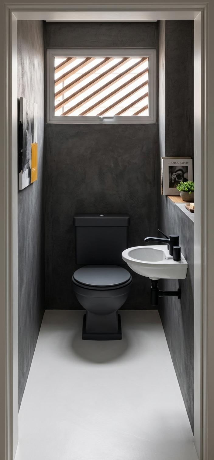 An incredibly lifelike, richly detailed, photorealistic interior photo of a sleek modern fusion powder room set in a contemporary urban home. The scene is illuminated by a soft stream of natural daylight filtering through the high slatted window, creating a serene, clean, and highly sophisticated atmosphere. Captured with a 35mm prime lens, emphasizing the matte ceramic textures, metallic finishes, and contrast of materials, this view showcases a minimalist, bold matte-charcoal toilet set against a dark-textured concrete accent wall. To the right, a compact, wall-mounted white ceramic corner sink features a sleek, matte black geometric faucet, adding an element of industrial-inspired design. The floor is clad in a seamless, smooth-textured white micro-cement that reflects the light beautifully. To enhance the minimal yet impactful decor, a small abstract art piece displaying shades of black, white, and a vibrant mustard-yellow accent hangs on the side wall, while a small wooden ledge neatly holds a curated photography book and a tiny pot of lush greenery, creating a perfect balance between sleek metropolitan architecture and warm organic touches.