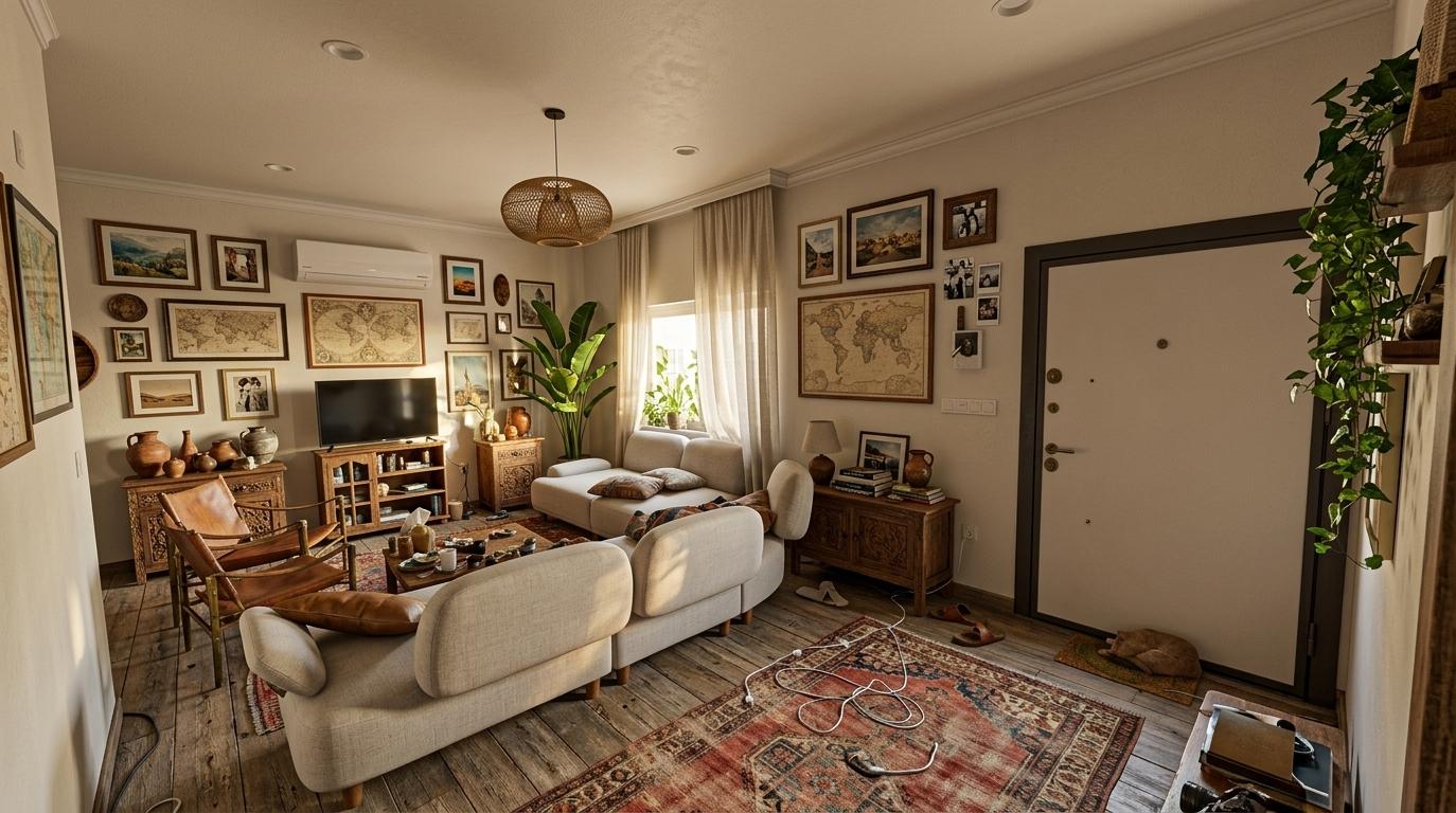 An incredibly lifelike, richly detailed, photorealistic wide-angle interior photograph of a reimagined, globally curated 'Travelers Trove' living room set in a stylish, sun-drenched urban apartment. The scene is illuminated by warm, dappled golden hour sunlight filtering through sheer linen curtains, creating a cultured, vibrant, and invitingly nostalgic atmosphere. Captured with a high-end mirrorless camera with a 24mm prime lens, emphasizing the intricate weaves of global textiles, rich wood grains, and the lush, glossy leaves of indoor plants, this eclectic space masterfully layers history and modern comfort. The design introduces a sophisticated color palette of warm earth tones like terracotta, ochre, and deep olive, elevated by bright accents of saffron and cobalt. On the floors, a weathered reclaimed oak wood replaces the tile, anchored by a large, faded antique kilim rug boasting rich global patterns. The seating arrangement is a harmonious mix of vintage and modern furniture, featuring a sleek, low-profile modern linen sofa complemented by a pair of mid-century leather safari chairs with patinated brass details. To the side, hand-carved wooden credenzas and collected surfaces showcase a fascinating assortment of travel-themed decor, hand-turned pottery, and stacked photography books. The walls are transformed with a curated gallery of travel-inspired wall art, vintage maps, and artistic family relics in mismatched frames. Lush indoor plants, including a towering bird of paradise and trailing ivy, drape elegantly from shelves and corners, while a sculptural rattan pendant light casts a warm, textured glow over the space, making the entire room feel like a beautifully lived-in sanctuary of an adventurous soul.