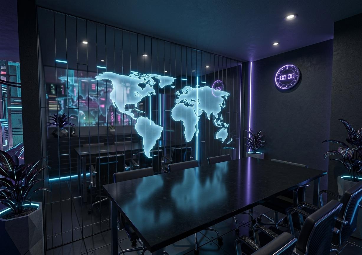 An incredibly lifelike, richly detailed, photorealistic wide-angle interior shot of a futuristic neon-noir corporate conference room set in a high-tech urban skyscraper. The scene is illuminated by a moody combination of low-key ambient spotlights and striking neon accents in electric blue and cybernetic violet, creating a sleek, mysterious, and gritty atmosphere. Captured with a professional 24mm architectural lens, emphasizing the matte textures of the charcoal-gray walls, the polished sheen of the dark metal frames, and the glossy, minimalist surfaces of the black stone tables. A glass wall separates the foreground meeting area from a second space, featuring a mesmerizing holographic world map that glows with a soft, pulsing azure light, casting subtle reflections across the room's sleek glass and metal furniture. Minimalist cybernetic decor is integrated seamlessly, including vertical neon strips recessed within the glass partition and a futuristic digital clock interface glowing softly on the dark-textured wall. Elegant, dark-toned ergonomic chairs with exposed carbon-fiber backings flank the black-topped tables, while exotic, bio-luminescent indoor plants with dark leaves and glowing veins are placed in geometric planters near the corners, adding a touch of high-tech organic contrast to this ultra-modern, cyberpunk executive suite.
