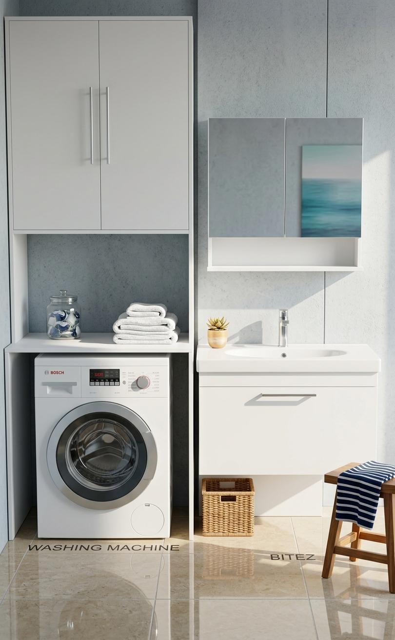 An incredibly lifelike, richly detailed, photorealistic straight-on medium shot of a minimalist coastal bathroom laundry utility nook set in a breezy, sun-drenched seaside villa. The scene is illuminated by bright, direct midday summer sunlight streaming in from an off-camera window, casting sharp, realistic shadows and highlighting the clean surfaces, creating a fresh, airy, and inviting atmosphere. Captured with a professional architectural camera using a 35mm prime lens, emphasizing the smooth matte white cabinetry, the polished ceramic of the washbasin, and the subtle, tactile grain of concrete-look wall panels. In this highly organized and functional space, a modern front-loading washing machine is tucked neatly beneath tall, elegant dual-door white cupboards, sitting adjacent to a matching floating washbasin vanity equipped with a sleek chrome faucet and a frameless mirror cabinet. Echoing the beachy aesthetic, the color palette consists of crisp whites, sandy neutrals, and calm ocean blues, enriched by a small wicker storage basket and a warm wooden stool placed nearby on the reflective, high-gloss floor tiles. The uncluttered vanity surface is adorned with a tiny, sun-kissed potted plant, while a glimpse of a nearby seascape wall art piece, showing shifting shades of blue, is softly captured in the mirror's reflection to complete this relaxed, photography-book-worthy sanctuary.