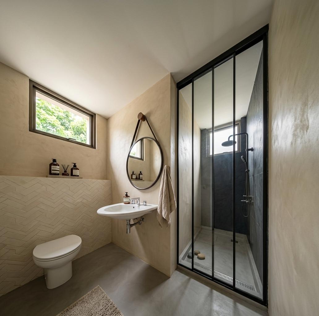 An incredibly lifelike, richly detailed, photorealistic wide-angle interior photograph of a modern luxurious bathroom set in a contemporary custom-built home. The scene is illuminated by soft, natural daylight filtering through high clerestory windows, creating a calm and sophisticated atmosphere. Captured with a professional architectural camera and a 24mm wide-angle lens, emphasizing the rich textures of the warm beige plaster walls, the subtle matte finish of the seamless microcement floor, and the sleek glossy surfaces of the fixtures. On the left, a minimalist low-profile toilet with clean lines sits elegantly beneath a textured cream-colored herringbone tiled accent wall. Above this, a black-framed window lets in light over a small shelf adorned with dark glass soap and lotion bottles. Center stage is occupied by a floating, organic-shaped white ceramic basin with a polished chrome faucet, sitting beneath a large, circular vanity mirror hung with a black leather strap from a wooden peg. To the right, a spacious walk-in shower is enclosed by a minimalist black metal grid glass partition, contrasting beautifully with a dark charcoal slate shower wall inside, which features a premium matte black rain showerhead assembly, exemplifying contemporary elegance.