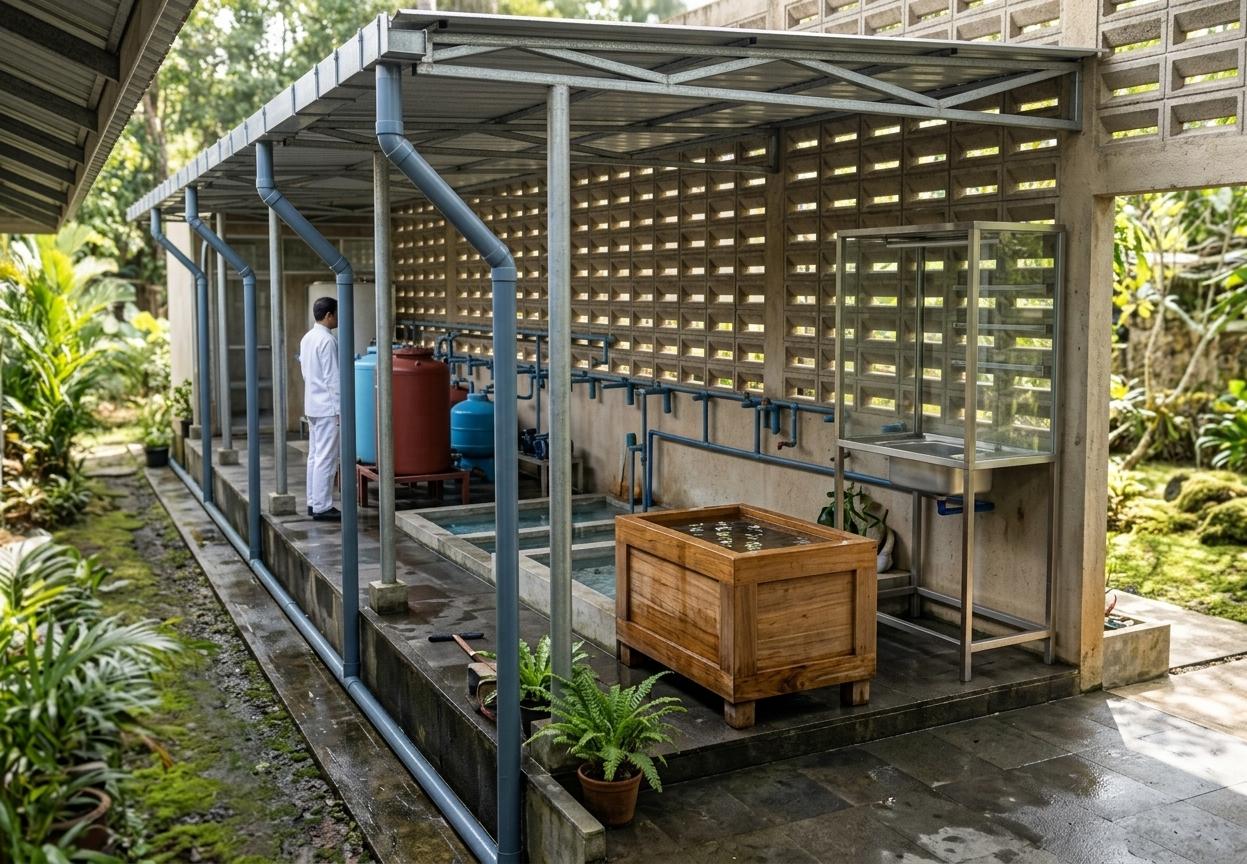An incredibly lifelike, richly detailed, photorealistic wide-angle perspective shot of a semi-outdoor water filtration and utility corridor for an onsen retreat set in a tranquil, humid courtyard environment. The scene is illuminated by soft, diffused daylight filtering through the overhead industrial canopy and concrete breeze blocks, creating a serene, highly functional yet peaceful atmosphere. Captured with a 35mm f/2.8 architectural lens, emphasizing the raw, tactile textures of weathered concrete, brushed metals, and warm natural wood, the composition highlights the precise engineering of the space. The overhead light-gauge steel trusses and corrugated roofing feature a professional, galvanized gray finish, while the drainage pipes and downspouts are rendered in a realistic, matte-finished slate-blue industrial PVC. Along the floor of dark-gray basalt concrete pavers, heavy-duty industrial storage tanks stand on sturdy steel frames, finished in realistic matte safety yellow, deep red, and sky-blue protective coatings. In-ground concrete basins filled with shimmering, crystal-clear water sit parallel to a beautifully crafted, rich-grained teakwood soaking tub at the center of the walkway. Near the entrance, a premium brushed-stainless-steel sink unit with a clean, tempered-glass enclosure reflects the ambient light, showcasing realistic metallic finishes and transparent glass shelving. The monumental back wall, constructed from unfinished, sandy-textured raw concrete ventilation blocks, casts intricate patterns of light and shadow over the plumbing manifolds, while a worker dressed in crisp, clean white utility garments inspects the system, bringing a perfect scale and human element to this highly detailed architectural visualization.