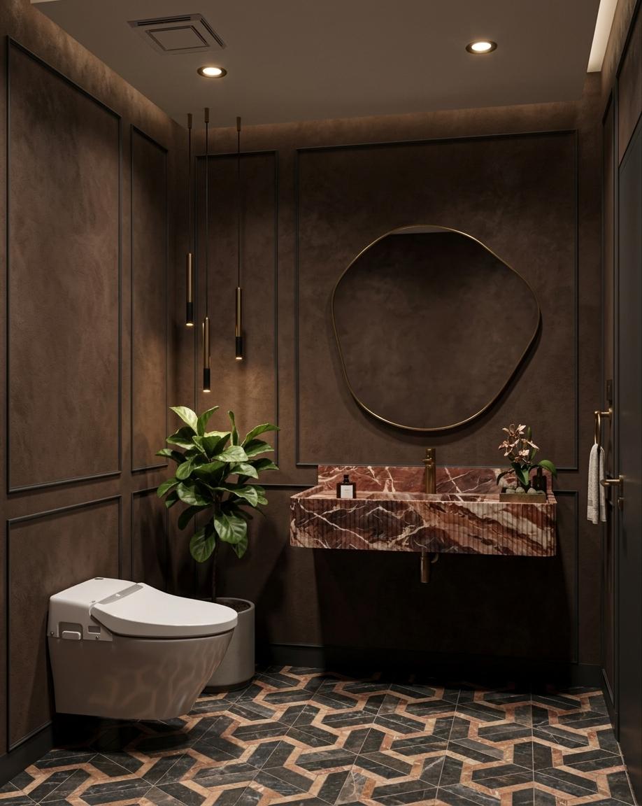An incredibly lifelike, richly detailed, photorealistic interior eye-level shot of a dramatic, luxury powder bathroom set in a high-end, contemporary boutique hotel. The scene is illuminated by warm recessed downlights and a trio of slim pendant lights casting focused accent pools, creating a moody, sophisticated, and cinematic atmosphere. Captured with a professional 35mm f/1.8 lens, emphasizing the rich textures of Rosso Levanto marble, tactile suede-finish plaster, and brushed antique brass finishes, the image showcases a stunning balance of shadow and light. The walls are finished in a deep chocolate-brown, suede-textured microcement plaster that adds tactile warmth, punctuated by subtle dark charcoal paneling lines. At the center, an organic, irregularly shaped mirror framed in thin brushed brass hangs elegantly above a floating Rosso Levanto marble vanity. The vanity features a striking fluted front face and a polished countertop adorned with dramatic burgundy, terracotta, and white veining, reflecting the soft glow from the three slender, vertically hanging black and brass pendants on the left. Beside the vanity sits a vibrant fiddle-leaf fig plant in a matte grey pot, adding a touch of natural contrast. A sleek, modern white smart toilet is positioned on the left side of the room, casting soft, realistic shadows onto the spectacular geometric-patterned marble floor tiles of dark charcoal, bronze, and muted terracotta. Every surface, from the polished antique brass faucet and exposed plumbing to the subtle grout lines and micro-surface textures, is rendered with absolute precision to evoke an atmosphere of pure architectural luxury.
