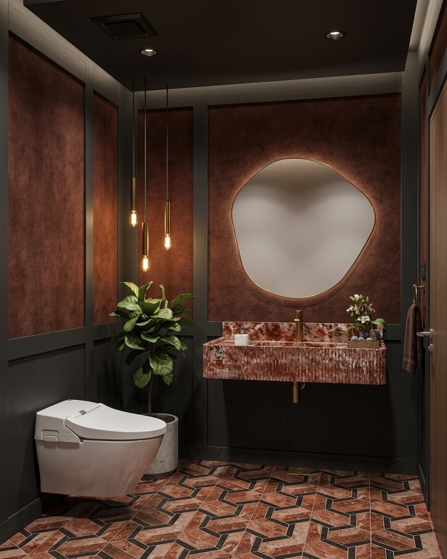 A professionally shot interior photograph of a moody and luxurious powder room, captured with a professional-grade architectural shift lens to maintain the exact straight-on perspective, composition, and geometry of the scene. The atmosphere is intimate and cinematic, illuminated by warm, directional spot lighting from the matte-black ceiling and three slender, vertically suspended pendant lights that cast elegant, warm gradients down the textured walls. The wall panels feature a highly tactile suede-finish decorative plaster in deep chocolate-brown and charcoal tones, displaying subtle micro-imperfections and diffuse highlights. The floating vanity is carved from Rosso Levanto marble, showcasing realistic, polished burgundy and white veining on the countertop, contrasted against the matte finish of the vertically fluted front. The irregular, organic-shaped mirror features a thin brushed-brass rim with flawless, realistic glass reflections and soft ambient light catching the frame. Sleek, satin-patina brass fixtures, including the deck-mounted faucet and exposed plumbing, gleam softly under the spotlights. In the foreground, the clean white ceramic of the wall-mounted smart toilet has a soft, semi-gloss glaze with realistic contact shadows. The geometric-patterned stone tile floor in charcoal and terracotta tones displays realistic matte textures, natural grout lines, and soft specular reflections. The indoor plant features realistic, waxy leaf textures with natural imperfections in its concrete pot, completing a highly detailed, photorealistic render with subtle film grain, soft natural vignetting, and balanced exposure.