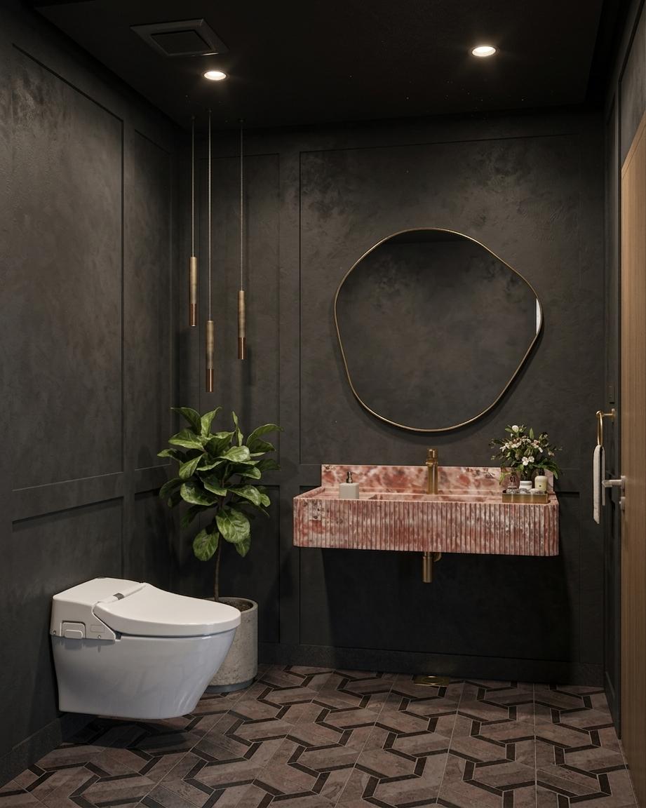 A professionally photographed, high-end interior photograph of a moody, luxurious powder bathroom, captured with a tilt-shift architectural lens to preserve the vertical lines and exact composition of the scene. The walls are finished in a tactile, deep chocolate-brown decorative plaster that shows subtle hand-applied trowel marks and a rich, matte texture under soft light, accentuating the clean-lined wall paneling. The floor is clad in geometric patterned stone tiles in earthy tones of dark charcoal, rust, and warm brown, featuring realistic grout-line depth and a satin sheen that catches faint reflections. A floating vanity crafted from Rosso Levanto marble stands as a focal point, displaying rich burgundy and terracotta tones with bold white veining, its front face meticulously carved into vertical fluted detailing with soft self-shadowing and polished stone highlights. Atop the vanity, an irregular-shaped organic mirror with a delicate brushed brass edge reflects the warm, soft ambiance of the room with realistic, crisp glass clarity. Warm light pours down from three slender, matte-black and copper-accented pendant lights hanging on the left, illuminating the glossy green leaves of a potted plant and casting gentle shadows down the wall. The white ceramic smart toilet on the left is rendered with realistic porcelain glaze, showing subtle highlights and soft-contact shadows on the patterned floor. A gold-toned faucet and visible under-sink plumbing present a realistic brushed metal texture with delicate aged patina. The overall atmosphere is intimate and cinematic, illuminated by soft recessed spotlights in the dark ceiling, creating a balanced, high-contrast exposure characterized by gentle vignetting, realistic light scattering, and natural micro-imperfections in the stone and plaster finishes.