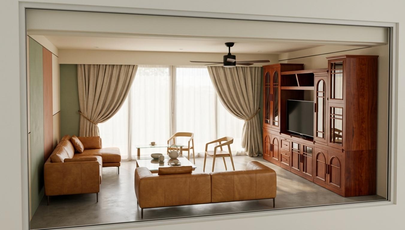 An incredibly lifelike, richly detailed, photorealistic interior photo of a spacious living room designed in a traveler's trove style, set in a modern, light-filled residence. The scene is illuminated by warm, natural midday spring sunlight filtering through large windows, creating an airy, peaceful, and inviting atmosphere. Captured with a professional 35mm wide-angle lens, emphasizing the rich textures of the buttery caramel leather sofas, the polished, deep cherry-wood grain of the massive media console on the right, and the heavy folds of the oatmeal-colored linen drapes in the background. In the center of the room, two elegant blonde-wood accent chairs are arranged alongside a contemporary glass-topped coffee table holding delicate ceramic tea-ware, which sits on a seamless, smooth concrete floor. The back wall is divided into artistic panels of muted sage green, soft terracotta, and cream, partially framed by the elegantly tied-back curtains. Above, a minimalist black ceiling fan hangs silently, while soft, diffuse shadows stretch gently across the floor, highlighting the perfect spatial harmony and cozy, curated feel of this globally-inspired sanctuary.