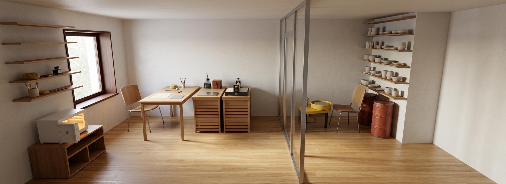 An incredibly lifelike, richly detailed, photorealistic interior photo of a dual-zone pottery studio and press print workshop for students set in a minimalist haven of creativity. The scene is illuminated by soft, natural daylight filtering through a deep-set wooden window frame, creating a calm, focused, and inspiring atmosphere. Captured with a sleek 24mm architectural lens, emphasizing the linear grain of the polished light oak flooring and the raw, earthy textures of the floating wooden wall shelves. To the left, a spacious student workspace features a clean-lined wooden table, matching ergonomic wooden chairs with slender metal legs, and slatted-wood storage cabinets supporting a compact printmaking press. A small white tabletop kiln sits on an open wooden storage unit, catching a gentle sheen of light. A crystalline, steel-framed glass partition spans the center, dividing the space while retaining open sightlines into the dedicated ceramic studio on the right. Here, an electric yellow pottery wheel, simple seating, and industrial red clay storage drums stand ready beneath a tall stack of drying shelves, combining functional utility with a warm, modern aesthetic.
