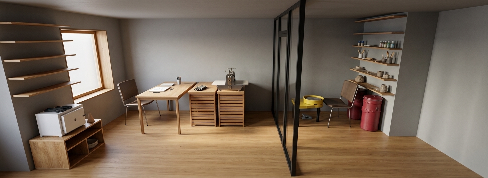 An incredibly lifelike, richly detailed, photorealistic wide-angle interior photo of a multi-disciplinary school workshop set in a minimalist design lab. The scene is illuminated by natural light pouring through a deep-set wooden window frame, casting soft shadows across the room and creating a calm, focused learning atmosphere. Captured with a 24mm tilt-shift architectural lens, emphasizing the natural warmth of the light-oak wood floors, the smooth matte texture of the ash-gray walls, and the rich grain of the floating wooden display shelves. On the left side of this creative haven, a clean white test kiln is housed on a low birch-plywood cabinet, beside a minimalist wooden work table and a sleek student chair, while two slatted wooden utility cabinets support a compact manual printmaking press. A floor-to-ceiling glass-paneled partition divides the space, revealing a dedicated pottery studio on the right side equipped with a bright yellow electrical pottery wheel, an identical student chair, and towering crimson clay bins ready for use under a stack of matching drying shelves.