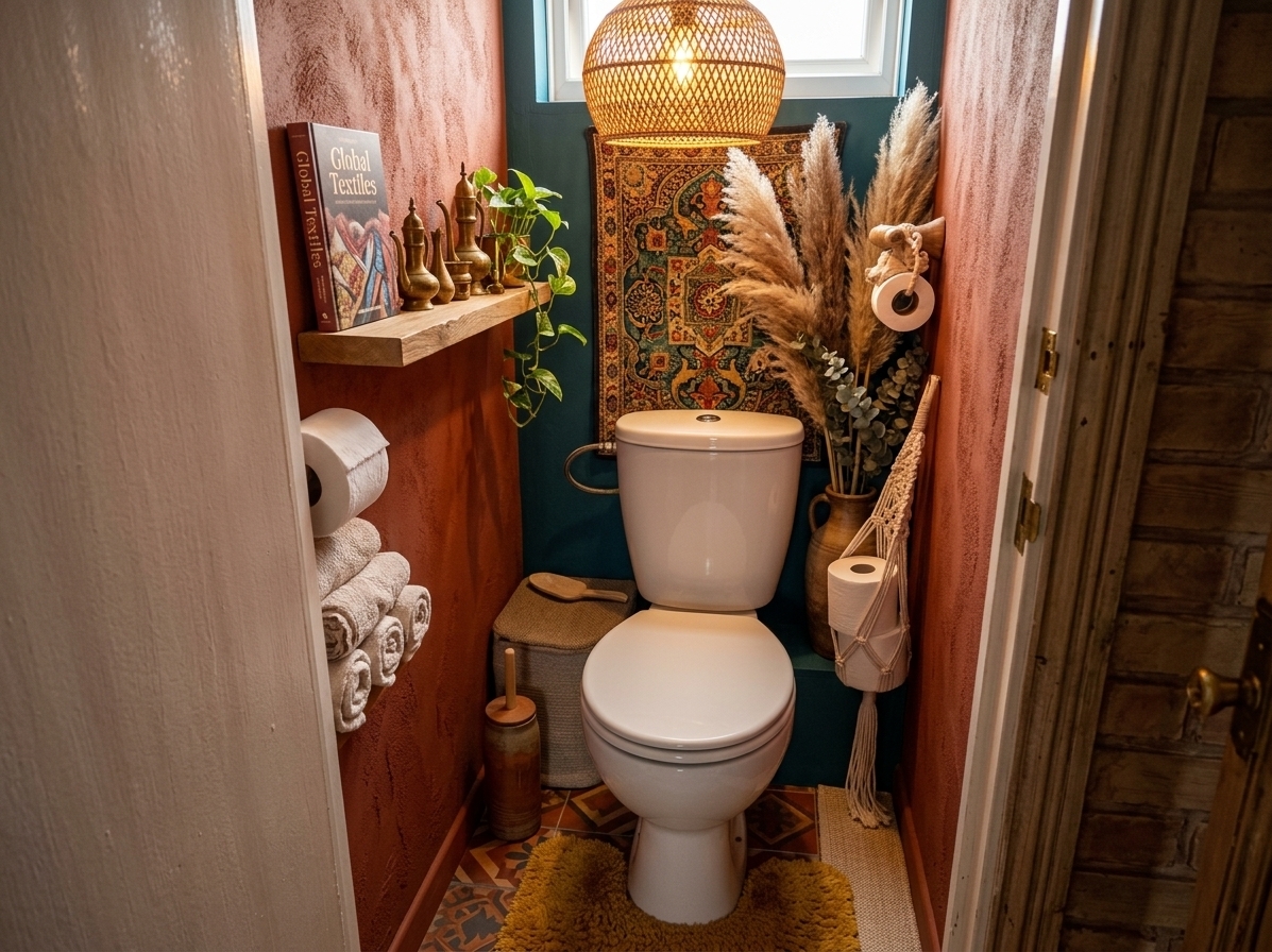 An incredibly lifelike, richly detailed, photorealistic wide-angle interior photo of a reimagined bohemian oasis toilet set in a cozy residential home. The scene is illuminated by the warm, amber glow of an overhead hand-woven rattan pendant light and soft morning light filtering from an unseen source, creating a serene, free-spirited, and inviting atmosphere. Captured with a 35mm f/1.8 lens, emphasizing the tactile depth of handcrafted macrame, the earthy grain of terracotta, and the lush textures of indoor foliage, this transformed powder room elevates the narrow layout into a masterclass of eclectic design. The original cold brick is replaced with warm, textured plaster walls painted in a deep rust hue, contrasted by a rich, deep teal accent wall behind a sleek modern white toilet, which is adorned with an intricate, vintage-collected tapestry wall art displaying vibrant global motifs. On the floor, patterned terracotta tiles are partially layered with a plush mustard-yellow Moroccan shag rug and a flat-weave neutral runner. A floating shelf of raw, natural oak sits on one side, displaying a beautifully bound photography book alongside a collection of vintage brass artifacts and a small trailing pothos plant. To the side of the toilet, a bespoke macrame hanger gracefully holds spare paper rolls, while a tall, rustic ceramic vase nestled in the corner showcases fluffy stems of earth-toned pampas grass and dried eucalyptus. The spatial layout is both clever and balanced, integrating functional storage within handcrafted rattan baskets that harmonize perfectly with the vibrant color scheme, resulting in a plant-filled sanctuary that feels beautifully curated, deeply artistic, and wonderfully alive.