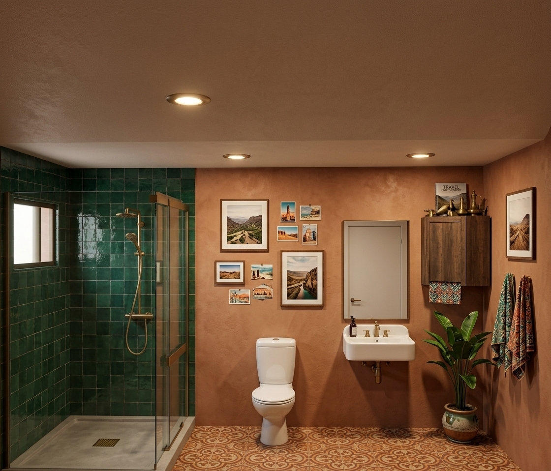 An incredibly lifelike, richly detailed, photorealistic interior photo of a curated "travelers trove" bathroom set in a modern global-bohemian residence. The scene is illuminated by the soft, warm glow of recessed directional ceiling spotlights, creating a cozy, adventurous, and nostalgic atmosphere. Captured with a professional 35mm wide-angle lens, emphasizing the rich, tactile contrast of earthy plaster walls, glossy vintage-style tiles, and smooth metallic fixtures. To the left, a minimalist frameless glass shower enclosure stands sleekly, showing off a beautifully detailed interior of hand-glazed, deep-emerald zellige tiles. At the center, a simple white ceramic toilet rests on a floor adorned with intricate, globally patterned Moroccan cement tiles in warm rust and sandy hues. To the right, a vintage-inspired white porcelain sink floats elegantly over exposed brass plumbing, crowned by a clean-cut rectangular mirror. Nestled beside the mirror is a dark wood wall cabinet, which serves as a collected surface displaying a thick travel photography monograph book, eclectic brass trinkets from world travels, and a vibrant, patterned hand towel. The surrounding walls, finished in a soft terracotta-toned plaster, are decorated with framed travel-inspired landscape photography and artistic postcards from far-flung destinations, while a thriving, potted leafy green plant breathes natural life and fresh texture into this worldly, layered sanctuary.