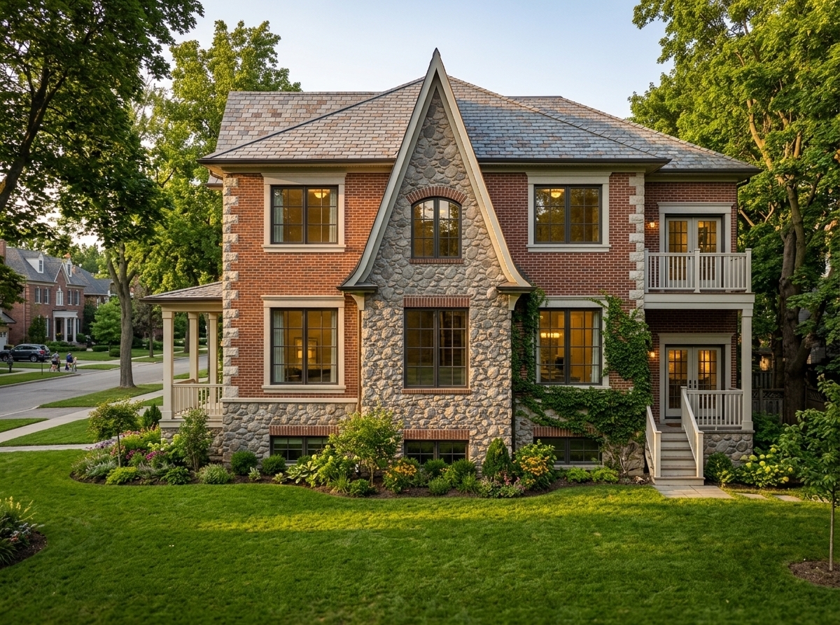An incredibly lifelike, richly detailed, photorealistic three-quarters perspective architectural shot of a grand, two-story classic colonial corner estate set on a manicured, lush suburban corner lot. The scene is illuminated by the low-angled, golden-hour sunlight of a late afternoon, casting long, soft shadows across the vibrant green lawn and creating a warm, prestigious, and welcoming atmosphere. Captured with a professional medium-format camera and a 35mm tilt-shift lens to maintain perfect vertical alignments, emphasizing the contrasting tactile textures of the rugged, multi-toned fieldstone clad on the soaring central gabled entrance, the crisp red brickwork on the flanking walls, and the weathered slate roof tiles. The architectural design proudly displays a towering central stone-clad gable with flared, swept eaves and a beautiful arched window on the upper level, grounded by a matching thick stone-masonry foundation that spans the entire lower basement level. Classical white-framed, multi-pane square windows with decorative headers are symmetrically arranged across the brick facade, accented by elegant limestone quoins on the corners. To the left, a cozy side porch with simple white columns faces the primary street corner, while a stacked double-tier balcony with double French doors and white railings on the right side overlooks a quiet, tree-lined residential intersection, seamlessly integrating this handsome design into its idyllic, leafy environment.
