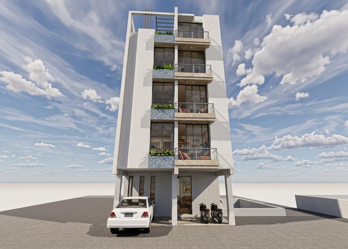 An incredibly lifelike, richly detailed, photorealistic low-angle exterior architectural photo of a boutique five-story apartment building set in a sun-drenched urban spring environment. The scene is illuminated by crisp, bright midday sunlight, creating a vibrant, warm, and inviting atmosphere with distinct, sharp shadows defined by the vertical architectural elements. Captured with a high-end 24mm wide-angle lens, emphasizing the textured white concrete walls, the shimmering details of the blue-grey mosaic tiles, and the polished stone cladding of the planter boxes, the building feels like a "traveler's trove." Each floor features a private balcony reminiscent of an intimate outdoor patio, where leafy indoor-outdoor plants and lush greenery spill over. Through the expansive glass sliding doors of each level, one can glimpse highly curated, worldly interiors boasting collected surfaces styled with photography books, vintage-modern furniture, travel-themed decor, and travel-inspired wall art. These eclectic, cultured spaces are layered with rich shades of earth tones, vibrant global-patterned textiles, and bright, artistic accents that evoke a nostalgic, adventurous spirit. At the base, a clean carport framed by columns hosts a white sedan and two parked motor scooters, enhancing the lived-in realism of this unique, artistic city residence.