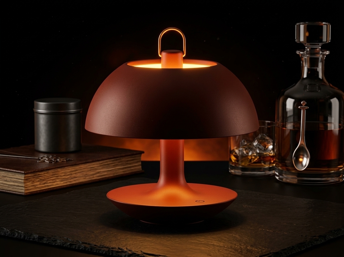 An incredibly lifelike, richly detailed, photorealistic medium shot of a minimalist, cordless mushroom-shaped lamp set in a dark minimalist haven designed like an avant-garde architectural workshop. The scene is illuminated by a warm, intense amber light radiating from beneath the lamp's dome and spilling out from the top loop-handle collar, creating a dark, dense, and atmospheric mood. Captured with a sleek 85mm prime lens, emphasizing the crisp clarity of the lamp's structural elements, its rich matte rust-red texture, and the subtle laser-etched touch-power icon on its flared pedestal. The lamp rests elegantly on a smooth black slate surface against a pure black background, which is softened only by a subtle, warm fiery gradient deep in the distance—recalling the hot glow of a volcanic crater—while faint, microscopic specks of volcanic ash drift suspended in the dark, still air, seamlessly blending high-end industrial design with elemental nature in a 4:3 architectural photo composition.
