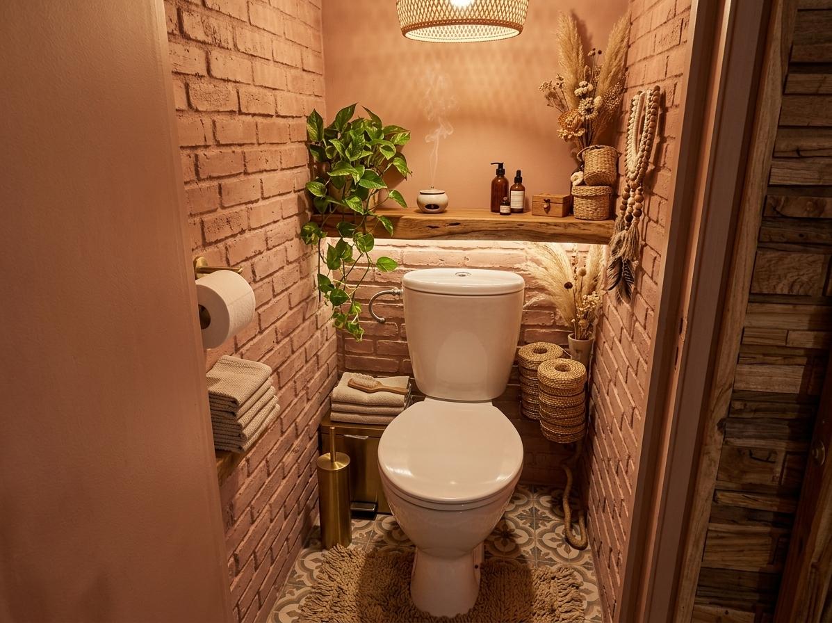 An incredibly lifelike, richly detailed, photorealistic interior photo of a bohemian oasis toilet set in a compact, stylishly elevated powder room. The scene is illuminated by soft, warm amber light glowing from a woven rattan pendant lamp and a hidden LED strip under a floating wooden shelf, creating a cozy, serene, and inviting atmosphere. Captured with a 35mm f/1.8 lens, emphasizing the tactile, rough texture of the brick walls and the organic warmth of the wooden and woven details, the reimagined space confidently preserves the charming brick walls, now elevated with a sophisticated, distressed terracotta-pink wash that accentuates their rustic craftsmanship. Replacing the original blue panel, a thick, live-edge floating shelf made of reclaimed teak wood sits above a sleek, modern wall-mounted matte-white toilet, supporting trailing lush green pothos ivy, a tiny ceramic incense burner, and polished amber-glass cosmetic bottles. The floor is upgraded to beautiful, hand-painted Moroccan encaustic tiles with delicate geometric patterns, partially softened by a small, textured jute rug. Highly curated bohemian accents replace the clutter: a minimalist brushed-brass toilet paper holder, a matching brass toilet brush cylinder, and a tall, slender vase with dried pampas grass standing elegantly in the corner, offering a harmonious and luxurious sanctuary where every small detail feels balanced, intentional, and rich with texture.