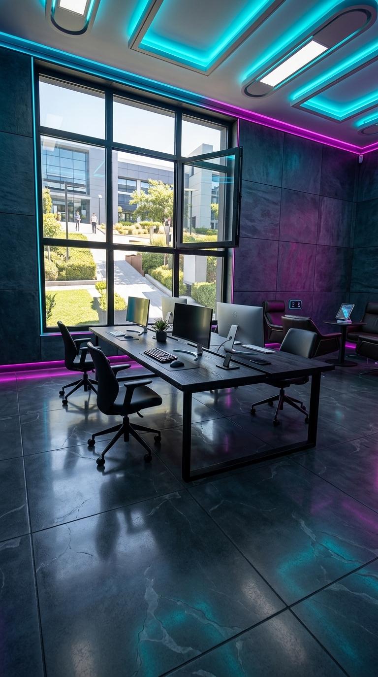 An incredibly lifelike, richly detailed, photorealistic wide-angle interior photograph of a state-of-the-art tech company coworking space set in a transformed, high-end urban office. The scene is illuminated by a dramatic contrast of crisp, blindingly bright midday sunlight streaming through the large window and vibrant, moody neon noir lighting—with glowing cyber-cyan and electric-magenta LED strips recessed into the architectural seams—creating a hyper-focused, futuristic, and cinematic atmosphere. Captured with a Hasselblad H6D-100c with a 24mm wide-angle lens, emphasizing the flawless glossy sheen of the newly refinished charcoal-gray polished concrete floors and the raw, tactile texture of the dark slate modular wall panels that have replaced the original cream-colored plaster. The once-basic window frame has been upgraded to a matte-black architectural steel structure, showing a glimpse of a sun-drenched, high-tech corporate campus outside. Within the room, the spatial layout is optimized for collaboration, featuring a central, long-format hot-desking table crafted from charred Shou Sugi Ban wood and blackened steel, outfitted with ultra-thin, curved minimalist monitors and integrated wireless charging docks. Ergonomic, low-profile task chairs in matte black are arranged with balanced asymmetry, while a cozy breakout nook nearby hosts premium dark leather lounge chairs and a holographic smart tablet stand. The composition masterfully balances the brilliant midday natural light with deep, moody shadows and colorful ambient luminescence, crafting an incredibly sophisticated, human-scaled environment where premium digital aesthetics meet productive workplace design.
