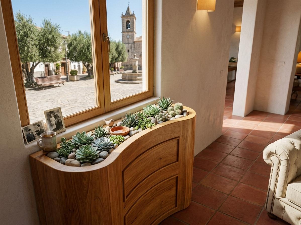 An incredibly lifelike, richly detailed, photorealistic medium-angle interior shot of a cozy, historic living room set in a rustic Mediterranean home during a sunny spring midday. The scene is illuminated by warm, natural sunlight streaming through a large window, complemented by soft, amber interior lighting, creating a serene, intimate, and inviting atmosphere. Captured with a 35mm lens, emphasizing the rich wood grains, tactile fabric textures, and delicate foliage, the composition centers on a custom low cabinet made of solid, warm honey-colored wood, featuring an asymmetric, organically curved silhouette that rests cleanly against a soft, textured plaster wall. Integrated into its top recessed surface is a miniature succulent garden nestled amidst smooth grey and beige river stones, showcasing vibrant green and blue-grey Echeveria rosettes, tiny agaves, Haworthia, creeping Sedum, and small Mammillaria cacti, with a tiny terracotta basin and a small ceramic bird figurine tucked artfully between the leaves. Behind this custom credenza, a large double-leaf window framed in matching honey-toned wood opens up to a picturesque Spanish town square, where sun-washed cobblestones, lush olive trees, a weathered wooden bench, and a distant stone church tower bask under a bright, clear sky. To the right, the cozy corner of a classic tufted wingback armchair upholstered in a textured cream fabric invites relaxation, while the warm, reddish-toned square terracotta floor tiles anchor the space. On the left, several vintage black-and-white photographs in simple frames lean casually against the wall, next to a steaming handcrafted ceramic mug filled with tea, completing this charming traveler's trove with soft, natural shadows and a beautifully subdued depth of field.