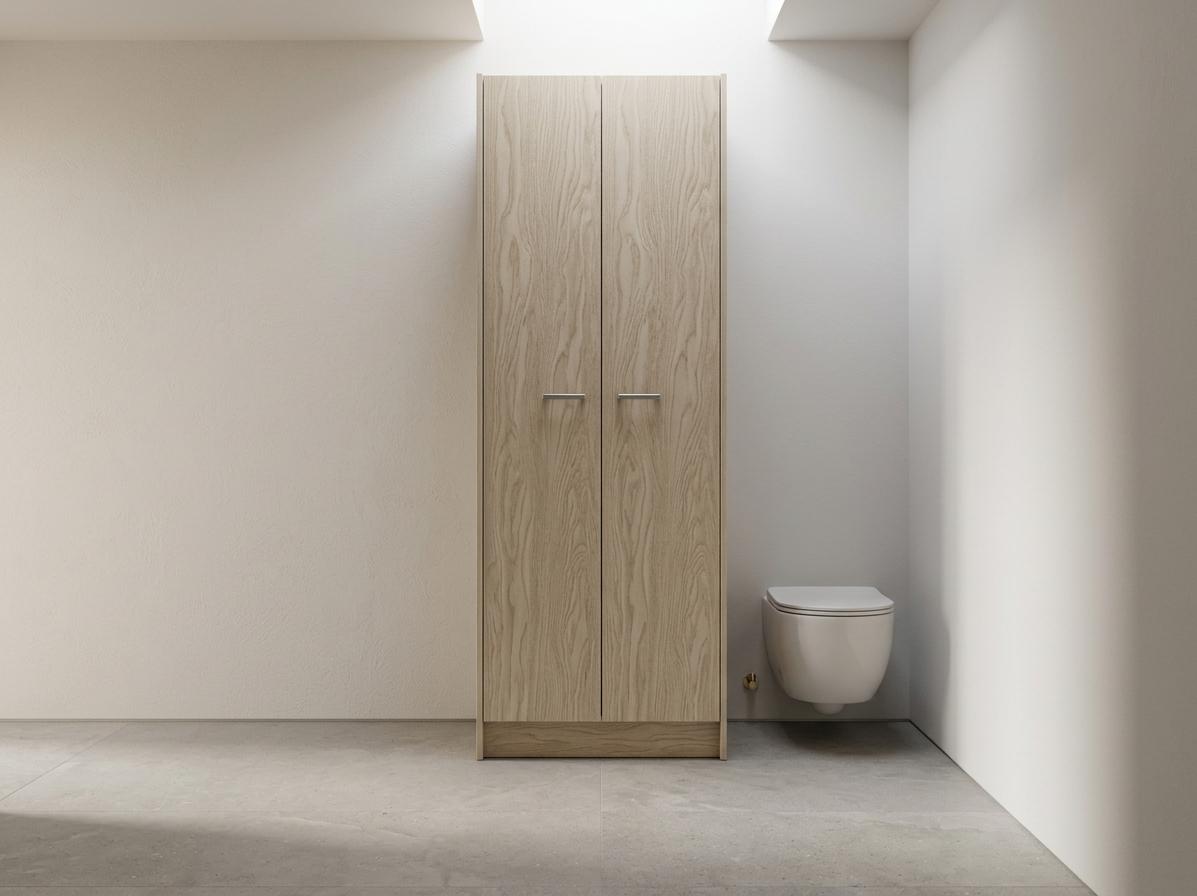 An incredibly lifelike, richly detailed, photorealistic interior photo of a serene Japanese Zen bathroom, showcasing a minimalist tall beige storage cabinet set against a textured warm-white plaster wall next to a modern, low-profile toilet. The scene is illuminated by soft, diffused morning light filtering in from an unseen skylight, creating a tranquil and deeply peaceful atmosphere. Captured with a professional 35mm lens, emphasizing the organic wood grain texture of the light-beige wooden cabinet and its sleek minimalist metal handles, the composition showcases a clean and uncluttered space. The cabinet stands elegantly on the matte, light-gray stone tiled floor, with its vertical lines drawing the eye upward, while a wall-mounted ceramic toilet with soft, rounded edges is positioned nearby, completing the functional and harmonious layout. Gentle shadows are cast on the plain walls, accentuating the depth and bringing a sense of calm, meditative simplicity to this modern, spa-like setting.