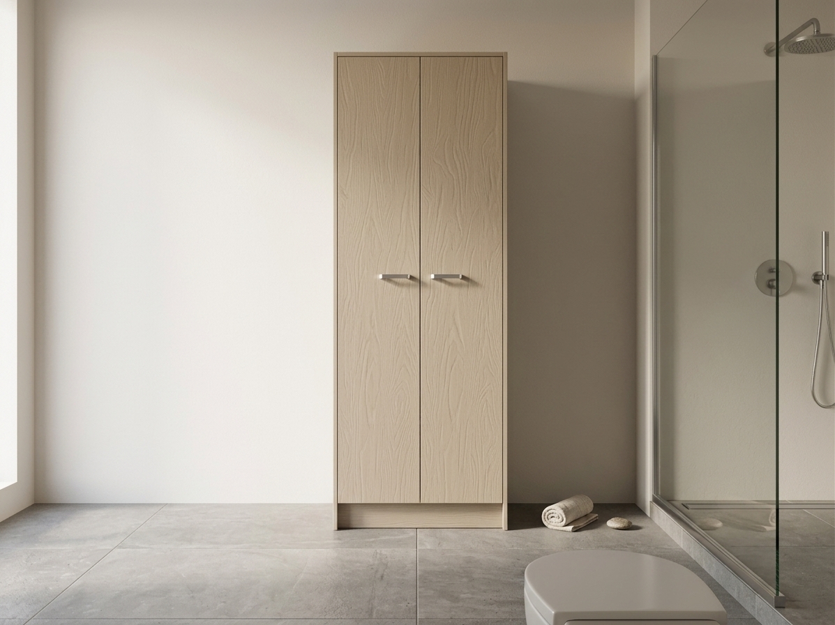 An incredibly lifelike, richly detailed, photorealistic interior photo of a serene Japanese Zen bathroom set in a luxurious, minimalist home. The scene is illuminated by soft, diffuse morning light streaming from an unseen window, creating a tranquil and calming atmosphere. Captured with a high-end 35mm lens, emphasizing the fine organic wood-grain texture of the cabinetry and the smooth, matte surface of the walls, the composition highlights a beige-colored bathroom cabinet standing elegantly against a clean, warm-white wall. Positioned directly adjacent to a modern shower zone enclosed by a pane of clear glass, this minimalist furniture piece features dual doors with a subtle texture and sleek, horizontal silver handles. Nearby, a low-profile, ceramic toilet maintains the uncluttered and meditative flow of the space, while gentle, realistic shadows pool beneath the cabinet's baseboard to provide depth and anchor the entire harmonious design.