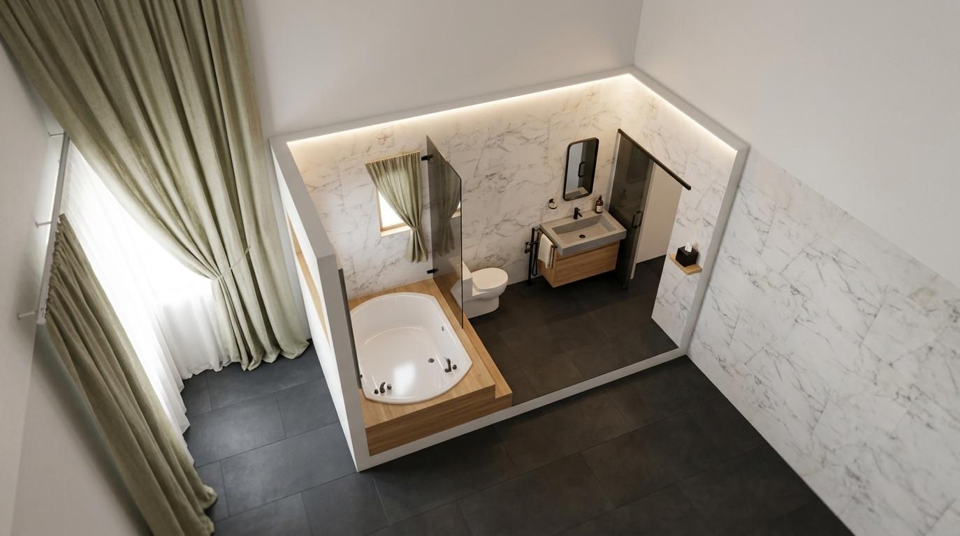 An incredibly lifelike, richly detailed, photorealistic axonometric interior photo of a hotel bathroom designed as a Scandinavian sanctuary, set in a tranquil spa resort. The scene is illuminated by soft, diffused daylight and warm, subtle ambient glows, creating a serene and hygge-inspired atmosphere. Captured with a high-end architectural camera and a 24mm tilt-shift lens, emphasizing the delicate veining of the polished white marble wall tiles and the deep matte texture of the large-format charcoal floor tiles. This minimalist design features a deep-soaking corner bathtub nestled within a warm, light-oak wood deck, alongside a matching floating wooden vanity topped with a clean gray stone sink and an elegant black-framed mirror. A pristine ceramic toilet sits discreetly behind a smoked-glass shower screen, while a soft, draped linen curtain in a muted beige-green hue hangs gracefully beside a window opening. The entire design harmonizes shades of pristine white, soft gray, and organic wooden tones, complemented by sleek metal hardware, evoking a deeply relaxing and clean Nordic retreat ready to be featured in an architectural photography book.