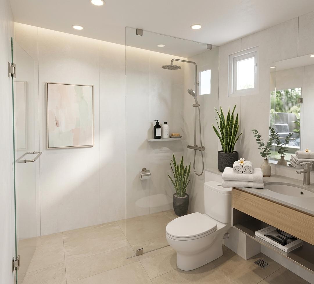 An incredibly lifelike, richly detailed, photorealistic wide-angle interior photo of a reimagined hotel bathroom designed as a minimalist haven, set in a peaceful boutique wellness retreat. The scene is illuminated by soft, natural morning light filtering through a slender, high-set window and supplemented by warm, recessed LED halo lighting, creating a serene, Zen-inspired, and deeply calming atmosphere. Captured with a Hasselblad H6D-100c with a 24mm lens, emphasizing the tactile contrasts of smooth honed limestone, matte-painted surfaces, and the raw grain of light oak, this streamlined space elegantly replaces the sterile tiles with massive, seamless soft-white concrete panels that absorb the light. At the center is a floating vanity crafted from light oak wood and topped with an integrated basin of matte light gray quartz, fitted with a sleek, minimalist brushed-nickel faucet. On the pristine, clutter-free surface sits only a single sprig of green eucalyptus in an artisan ceramic bud vase, while a minimalist black-and-white architectural photography book rests neatly on a low, sleek metal shelf below. The floor is covered in larger-format sand-colored tiles, leading seamlessly into an expansive open shower bounded by a towering, frameless panel of ultra-clear glass. Inside the shower, a high-end brushed-nickel rain shower head hangs like a modern sculpture. Against the far wall, a sophisticated, abstract framed canvas displays subtle pastel washes of blush and pale mint, bringing a gentle touch of warmth to the monochromatic palette. Tucked in the corner next to a sleek, contemporary white toilet, a tall, healthy snake plant in a textured charcoal pot brings a lively organic element indoors, balancing the room's stark, highly functional lines with natural softness and establishing a perfect equilibrium of human-scale comfort and high-end design sophistication.