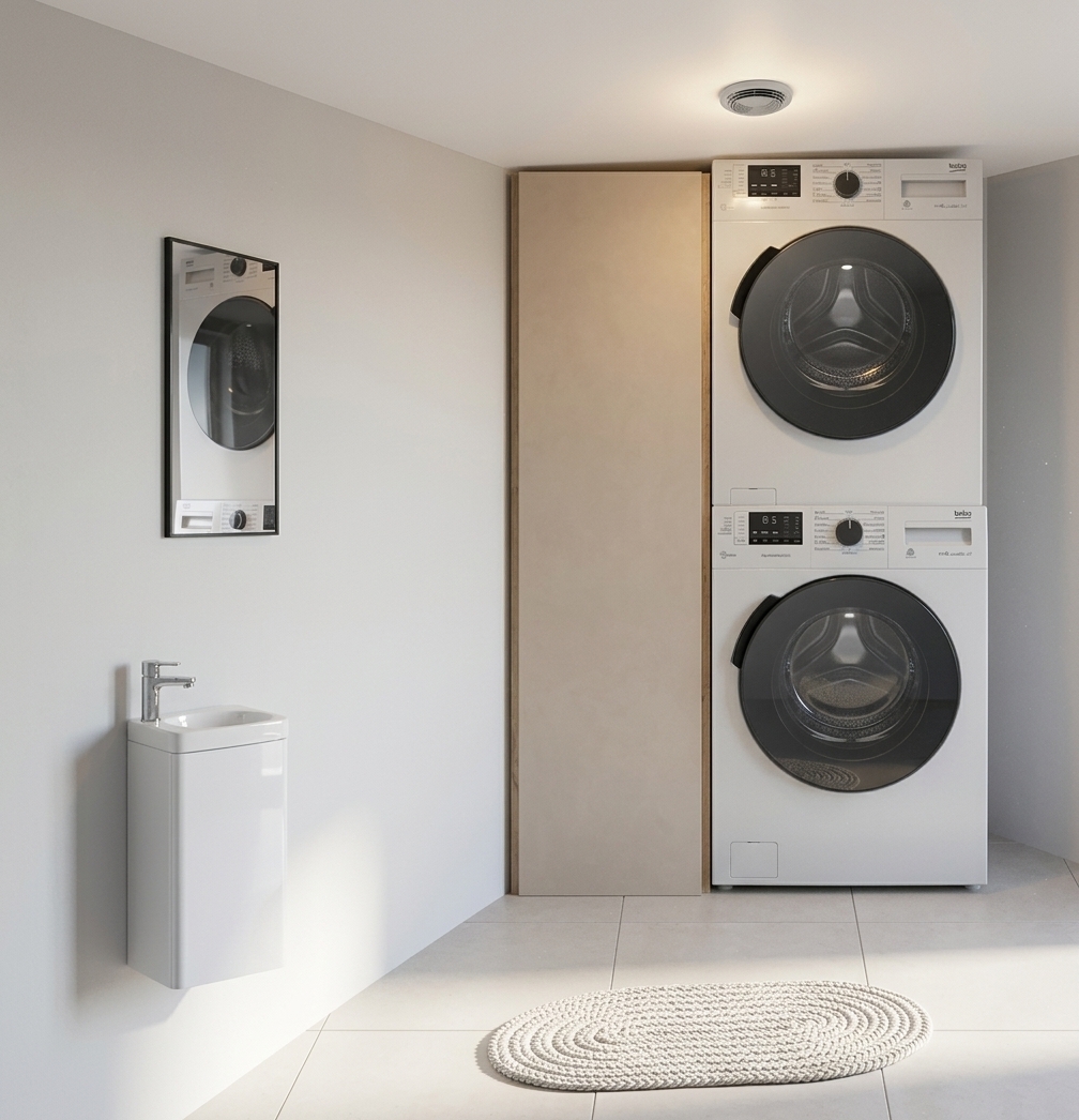 A professional, wide-angle interior photograph of a clean, minimalist laundry and utility room during a bright spring midday, captured with a 35mm lens. The scene is illuminated by soft, natural daylight diffusing from an unseen source, blending beautifully with the warm glow of a single recessed ceiling spotlight. On the left, a wall-mounted vanity unit with a glossy white ceramic basin and a polished chrome faucet shows subtle, real-world reflections. Directly above it, a simple rectangular mirror with a thin black frame reflects the muted tones of the space. In the center, a vertical accent wall panel is finished in a smooth, matte beige-tan plaster. To the right, a stacked washer and dryer set stands in a clean white finish with glossy black glass doors, catching soft highlights and faint dust particles. The floor is laid with large square tiles in a matte light-gray finish with realistic grout lines, on which sits a textured, braided oval cotton rug in light heather gray. The photograph exhibits natural camera characteristics, including extremely subtle lens distortion, a touch of film grain, delicate vignetting, and lifelike micro-textures on all surfaces to achieve absolute photographic realism.