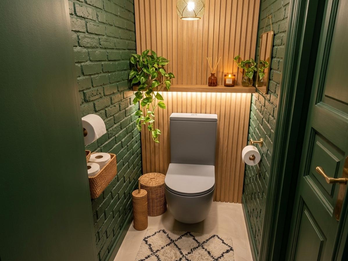 An incredibly lifelike, richly detailed, photorealistic wide-angle interior shot of a reimagined bohemian oasis powder room set in a compact, stylish residential home. The scene is illuminated by warm, soft ambient light glowing from a concealed LED strip and a delicate brass pendant, creating a tranquil, cozy, and luxurious atmosphere. Captured with a 24mm wide-angle lens, emphasizing the tactile, uneven texture of the painted bricks and the natural grain of warm wood, the original pink brick walls have been transformed with a luxurious coat of matte forest green paint, highlighting their rustic, hand-laid texture while bringing a deep, biophilic connection to nature. Behind a sleek, minimalist wall-mounted matte grey toilet, a stunning accent wall of vertical light-oak wood slats extends to the ceiling, replacing the old blue panel and adding organic warmth to the narrow space. A floating oak shelf sits gracefully above the toilet tank, styled with a trailing pothos plant cascading down the green bricks, a small amber glass reed diffuser, and a glowing scented candle. The cluttered plastic accessories are replaced by curated bohemian details, including a handwoven rattan basket holding extra toilet paper rolls and a matching wicker wastebin, while a brushed brass toilet paper holder adds a touch of modern refinement. Underfoot, the outdated patterned tiles are replaced with elegant, cream-colored microcement flooring, partially covered by a plush, cream-and-charcoal geometric Moroccan-style runner rug that grounds the design. The entire composition feels beautifully balanced, intimate, and intentionally designed, turning a once-cramped toilet room into a serene, high-end sanctuary of bohemian style.