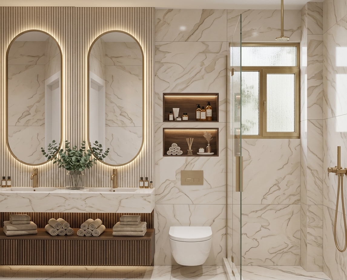 An incredibly lifelike, richly detailed, photorealistic interior photo of a luxury bathroom embodying contemporary elegance set in a high-end modern residence. The scene is illuminated by a harmonious blend of warm, diffused LED backlighting and soft natural daylight filtering through a high brass-framed window, creating an airy, balanced, and serene spa-like atmosphere. Captured with a professional architectural camera and a 35mm lens, emphasizing the clean-lined symmetry and refined tactile qualities, the composition highlights polished stone surfaces in shades of warm white, pearl, and champagne marble-look tiling that seamlessly wraps the space. The left side features a double floating vanity with a thick marble slab countertop and dual integrated sinks, accented by two large, backlit oval-shaped mirrors framed in slim brushed brass and a curated arrangement of eucalyptus greenery. Below the vanity, open fluted wooden cabinetry stores elegantly rolled neutral towels. Adjacent to this, a modern, wall-mounted white toilet floats effortlessly against the polished marble wall, positioned beneath two recessed dark-wood display niches lit by warm mini-led strips showcasing luxury toiletries. To the right, a seamless glass-enclosed shower is outfitted with high-end, brushed-gold fixtures, including a ceiling-mounted rain shower head, completing this sophisticated, understated, and light-filled architectural masterpiece.