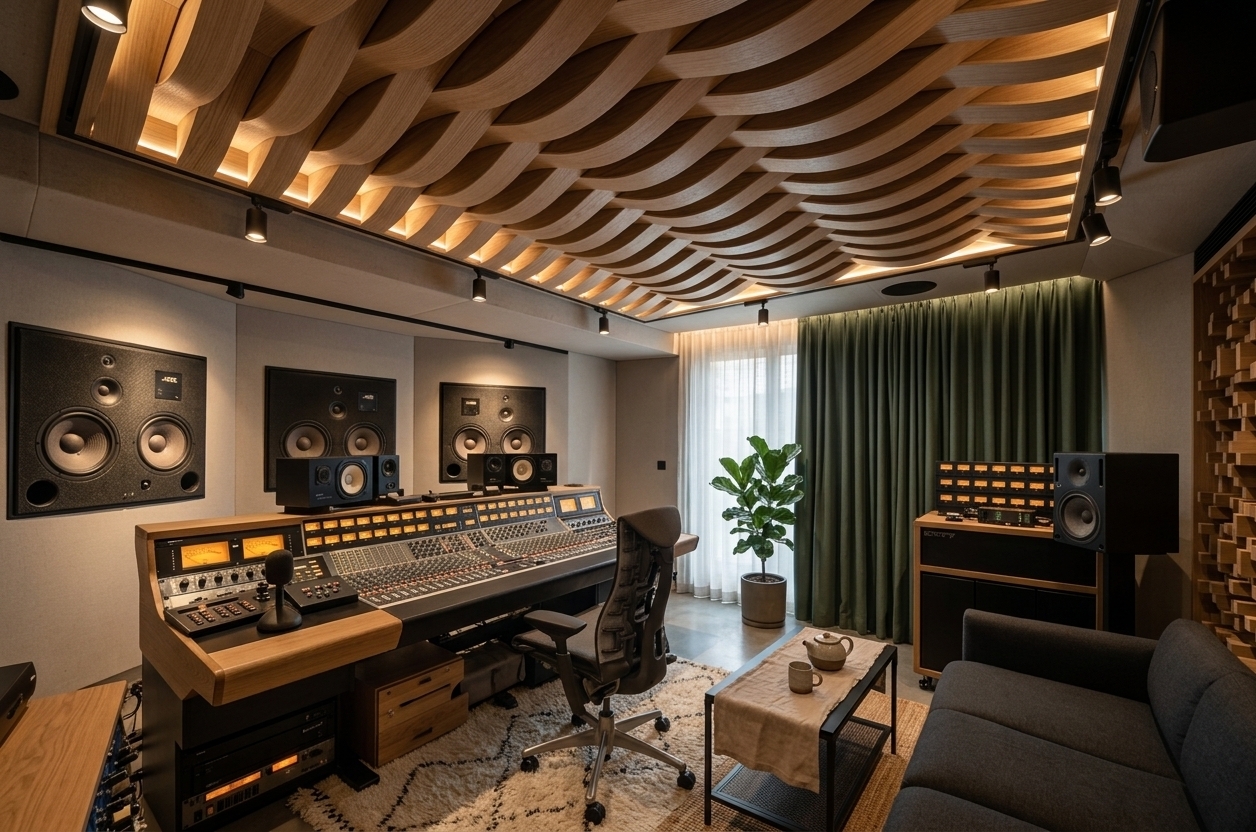 An incredibly lifelike, richly detailed, photorealistic wide-angle interior shot of a bespoke singer's recording studio set in a modern Scandinavian industrial loft. The scene is illuminated by a blend of warm, recessed LED strip lights, ambient track spotlighting, and soft natural light filtering through sheer layers, creating an intimate, inspiring, and cozy atmosphere. Captured with a Hasselblad H6D-100c and a 24mm lens, emphasizing the tactile textures of premium textiles, natural wood grains, and sleek metallic studio gear, this reimagined space perfectly fuses Nordic minimalism with raw industrial accents. The ceiling and walls are clad in light ash wood acoustic slats, contrasted beautifully by matte black steel structural columns and minimalist light fixtures. At the center of the workstation sits a custom-crafted white oak and black iron recording console loaded with state-of-the-art mixing boards and glowing warm-toned VU meters, all anchored by a plush, high-pile cream woolen rug with subtle charcoal geometric patterns. Transitioning to the rear lounge designed for relaxation and lyrical inspiration, a deep Scandinavian-style fabric sofa in a soft charcoal hue rests comfortably upon a woven natural jute rug. Positioned in front of the sofa is a low-profile, black metallic-framed coffee table topped with a soft, draped beige linen runner, upon which a ceramic teapot and mug sit. Directly behind the sofa, serving as both an acoustic absorbent and an elegant spatial partition, hangs a heavy, floor-to-ceiling double-layered curtain in a muted forest green, adding a sense of secluded comfort. Polished concrete floors unify the wet and dry zones, while a tall, leafy potted fiddle-leaf fig tree brings organic life into the room, creating an exceptionally balanced, highly functional, and visually harmonious sanctuary designed for pure musical creation.