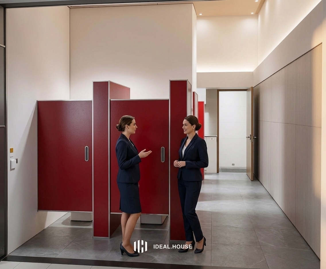 A professional architectural photograph of a sleek, modern restroom corridor, where two elegant women in neat corporate uniforms are caught in a natural, candid interaction in the hallway. This shot retains the exact spatial structure and composition of the original scene, emphasizing the bold red partitions with their smooth semi-matte finish, aluminum trim, and sleek metallic door handles. The large-format gray floor tiles exhibit realistic micro-scratches, dust, and faint, warm reflections from the ambient overhead lights. The lighting is soft and true-to-life, with warm light spilling from the linear cove on the upper right and recessed luminaires casting gentle, diffuse shadows on the floor. Captured on a high-end camera with a 35mm lens, the image features lifelike textures on the women's uniforms and skin, natural fabric folds, a subtle depth of field, and digital sensor grain that enhances the authentic, unrendered quality of the commercial interior.