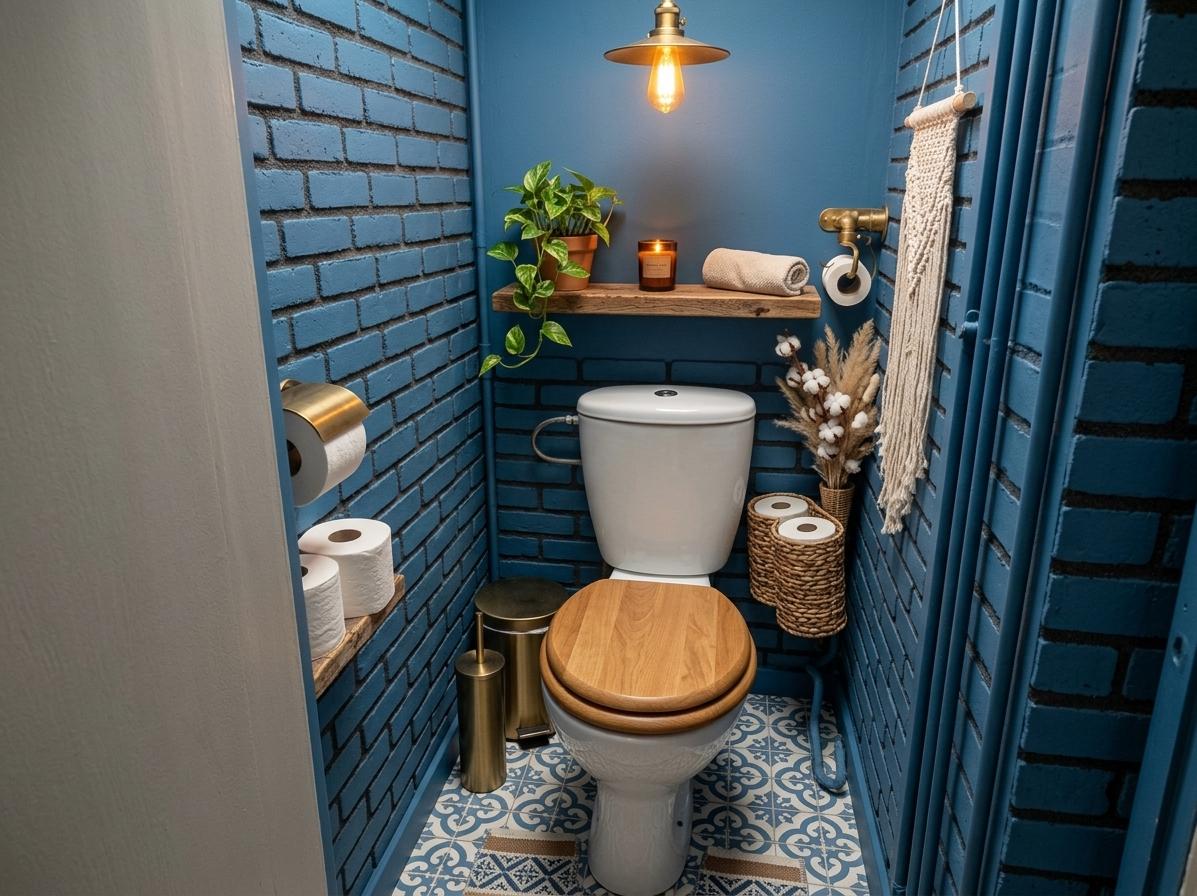 An incredibly lifelike, richly detailed, photorealistic eye-level interior shot of a bohemian oasis powder room set in a cozy residential home. The scene is illuminated by the warm, amber glow of a low-hanging brass pendant light with a vintage Edison bulb, creating a cozy and inviting atmosphere. Captured with a 35mm f/1.8 lens, emphasizing the rich, tactile grout line textures of the brickwork and the organic textures of the boho decor. In this reimagined space, the original brick walls have been preserved but transformed with a coat of rich, matte cerulean blue paint, which adds depth and a calming, artistic character to the compact room. A sleek, modern white ceramic toilet sits centered, elevated by a warm natural oak wood seat that introduces a touch of organic warmth. Above the toilet, a floating rustic shelf made of reclaimed timber holds a small cascading pothos plant in a terracotta pot, a scented amber-glass candle, and a rolled linen towel. The old tiled floor is replaced with eye-catching blue and white Moroccan cement tiles featuring intricate geometric patterns, which beautifully ground the room. A hand-woven rattan storage basket neatly holds extra toilet paper rolls, while a delicate cream-colored macrame wall hanging drapes elegantly against the blue brick, enhancing the tactile, bohemian aesthetic and making the small room feel like a thoroughly designed, intentional sanctuary.