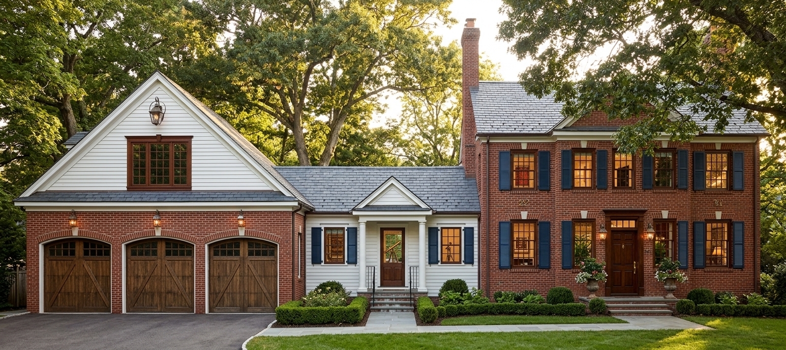 An incredibly lifelike, richly detailed, photorealistic wide-angle architectural photo of a stately, classic colonial house exterior set in a lush, manicured estate. The scene is illuminated by the soft, warm golden-hour sunlight filtering through mature oak trees, creating a quiet, refined, and time-honored atmosphere. Captured with a professional medium-format camera and a 35mm prime lens, emphasizing the symmetrical red-brick and white clapboard facade, dark blue window shutters, and a solid dark wood front door. Through the expansive, multi-paned windows, a glimpse into the warm interior showcases elegant mahogany and cherry wood furniture, balanced surfaces decorated with a large open photography book and historical wall art in rich shades of deep reds, blues, and warm neutrals, alongside vibrant green indoor plants that breathe life into the formal, comfortable environment. The front steps are flanked by colonial-era decor, with the sharp focus capturing the textures of weathered stone, polished wood, and the deep, inviting layers of this solid, elegant home.