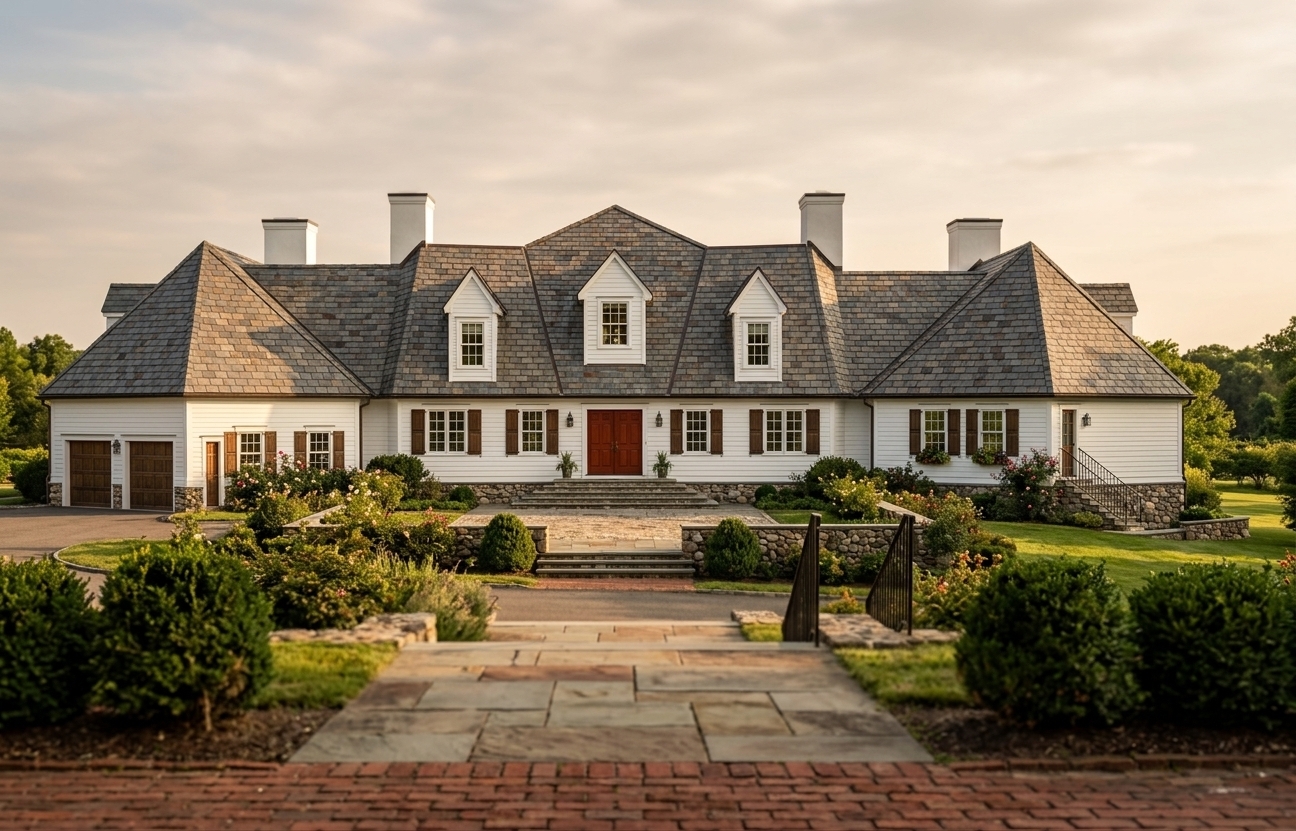 An incredibly lifelike, richly detailed, photorealistic wide-angle architectural photo of a stately, symmetrical colonial classic house exterior set in a manicured, historic estate garden. The scene is illuminated by the soft, warm golden hour sun casting long, elegant shadows, creating a timeless and refined atmosphere. Captured with a medium format tilt-shift lens, emphasizing the crisp white clapboard facade, solid dark wood shutters, and the weathered texture of the red brick pathway, the frame exudes a sense of solid, time-honored permanence. The home’s perfectly balanced exterior features a formal double-hung window pattern framing a grand front entrance with a solid cherry wood door. Through the clean window panes, glimpses of a comfortable, elegant interior are visible, showcasing warm mahogany furniture, historic wall art in shades of deep reds and blues, colonial-era decor sitting on balanced surfaces, and vibrant indoor plants flourishing on deep windowsills. This stately composition, reminiscent of a high-end photography book, beautifully captures the refined essence of early American design against a backdrop of lush, manicured greenery.