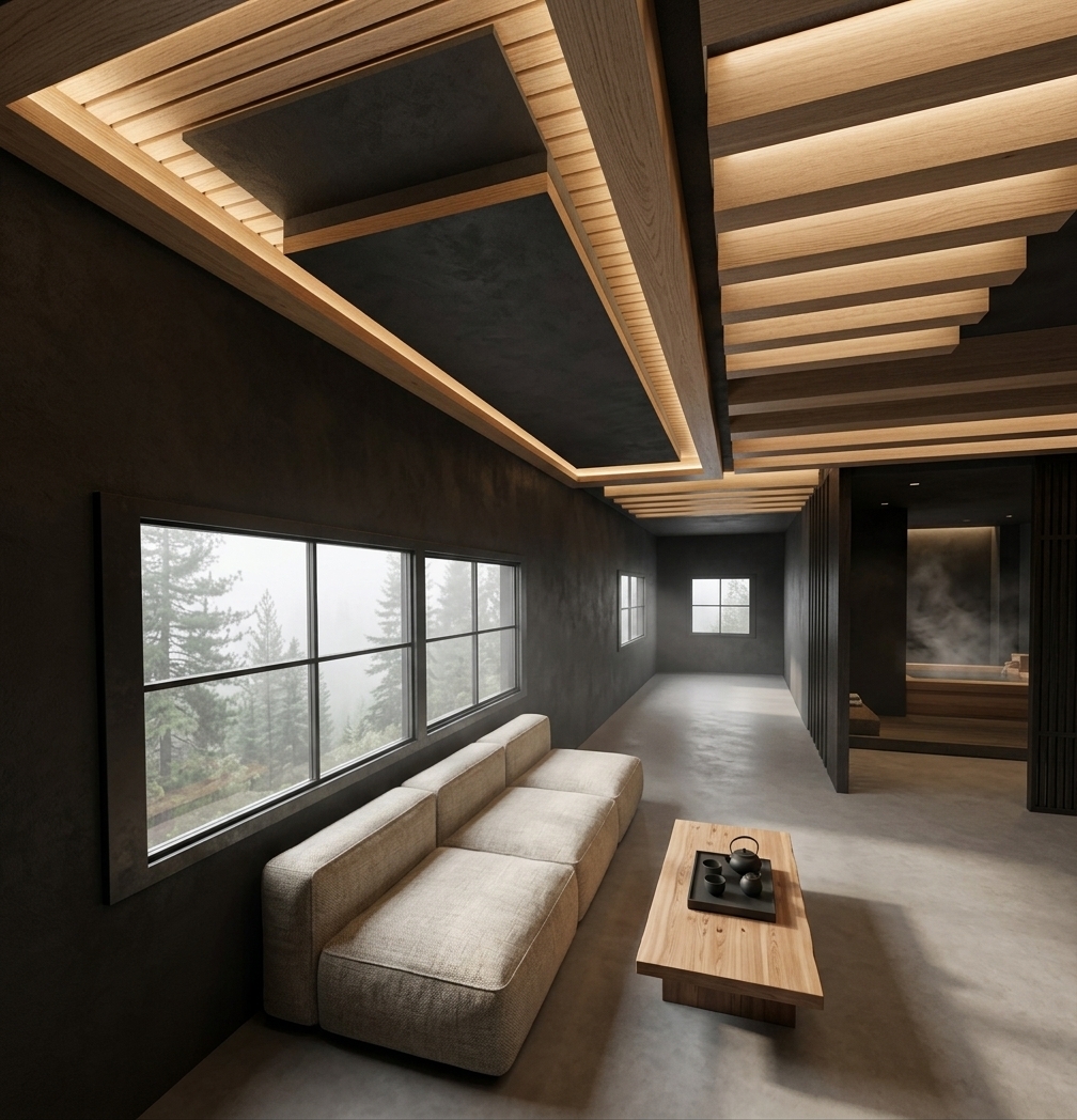 An incredibly lifelike, richly detailed, photorealistic wide-angle interior photo of a serene living room and onsen lounge set in a secluded mountain escape. The scene is illuminated by soft, misty morning daylight filtering through the large windows and warm, ambient LED strips recessed within the multi-tiered ceiling coves, creating a tranquil, meditative atmosphere. Captured with a 24mm architectural tilt-shift lens, emphasizing the rich, organic textures of the dark charcoal plaster walls, warm light-oak ceiling slats, and coarse natural fabrics, the composition leads the eye down a long, elegant corridor. Beneath the double-pane windows on the left, which reveal a glimpse of a foggy pine forest, lies a low-profile, minimalist modular sofa upholstered in a textured, oatmeal-colored linen, paired with a low-slung solid cedar coffee table holding a matte-black Japanese tea set. The ceiling showcases a striking architectural detail, transitioning from a dark recessed central panel to a series of parallel, light-wood slats that cast soft, linear shadows across the polished, seamless micro-cement floor. To the right, a dark timber partition screen subtly divides the living space, hinting at a steaming, private cedar soaking tub area nestled in the background, making this modern sanctuary a cozy, high-end mountain retreat.