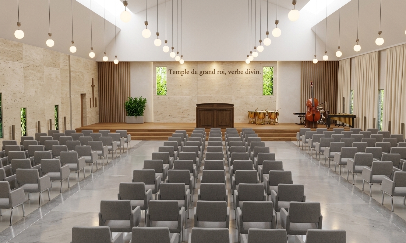 An incredibly lifelike, richly detailed, photorealistic wide-angle interior photo of a refined contemporary sanctuary hall set in an expansive, high-ceiling attic pavilion on a bright spring midday. The scene is illuminated by a flood of diffused daylight from unseen clerestory openings combined with the soft, warm glow of spherical pendant lights suspended in neat rows across the ceiling, creating an airy, sophisticated, and balanced atmosphere. Captured with a professional wide-angle lens, emphasizing the clean-lined geometry of the rows of tailored, soft gray upholstered seating with slim polished chrome legs, the composition leads the eye toward a raised, natural wood stage. At the center of the stage sits a polished dark oak pulpit, flanked on one side by a lush green architectural planter and on the other by an elegant arrangement of musical instruments, including a cello and gold-finished percussion. The stage backdrop features a textured, champagne-toned stone wall with vertical wooden acoustic slats and slim, abstract window-like screens revealing glimpses of vibrant green spring foliage. The floors are a seamless blend of polished light gray stone pathways and smooth pearl-finished concrete, reflecting the curated, understated elegance of the entire spaces' champagne and warm white color palette, resulting in a scene worthy of a high-end architectural photography book.