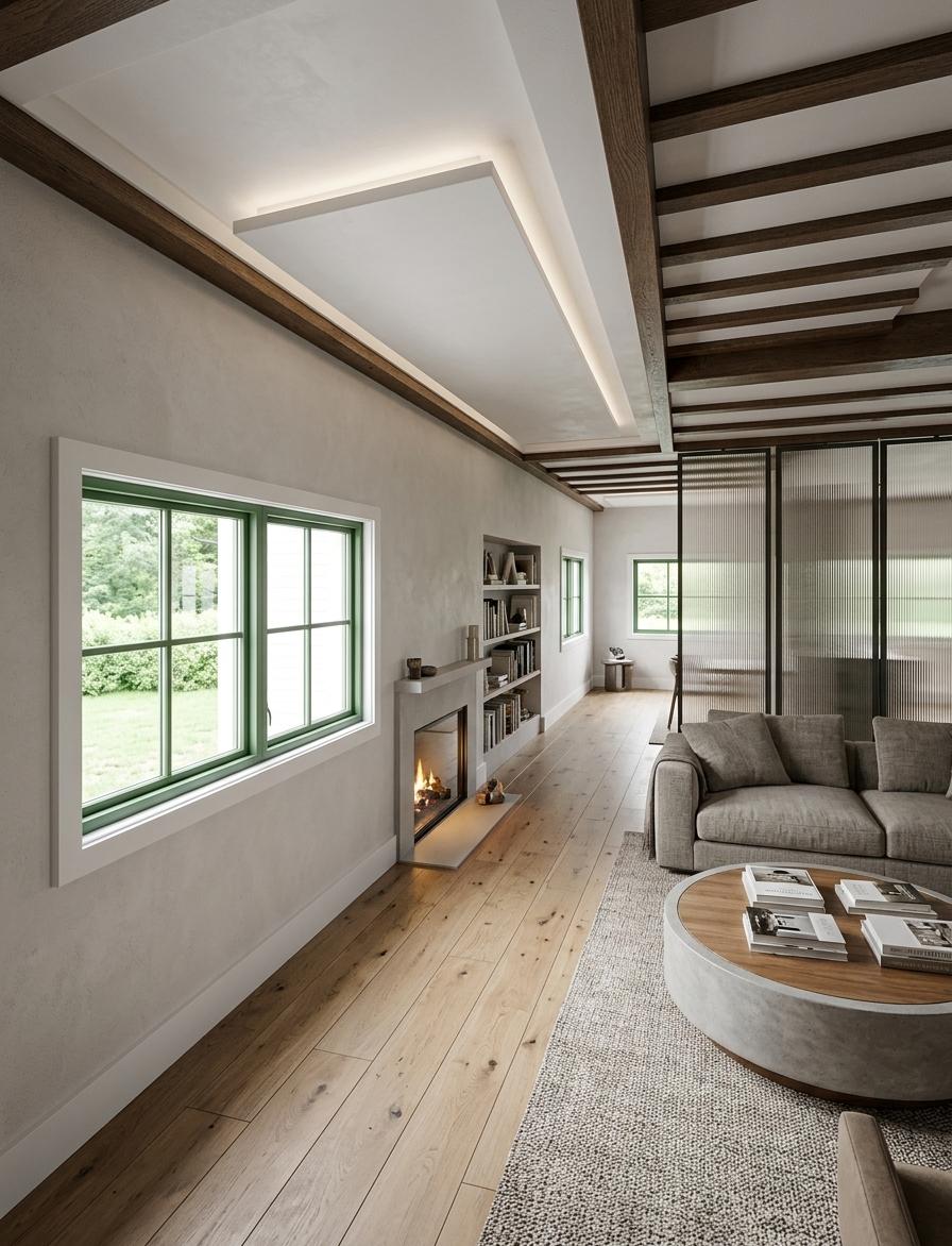 An architectural photograph of a cozy, modern living room, strictly preserving the perspective, layout, and structure of the scene. The left wall is finished in a smooth, matte off-white plaster, featuring a large double-hung window in the foreground with clean white wooden trim, and a smaller matching window further down the corridor. Integrated seamlessly into the wall space between these two windows is a minimalist fireplace with a stone surround, its hearth glowing with a warm, active flame. Beside this, filling the open floor space on the right, is a curated living room arrangement featuring a low-profile linen sofa in a warm cream tone, a textured wool area rug, and a low wooden coffee table resting on wide-plank natural oak flooring. Overhead, the ceiling structure is faithfully rendered, showing the smooth recessed panel on the left and the dark-stained, rustic wooden joists on the right. Soft, natural afternoon daylight streams through the window glass, casting gentle, elongated shadows across the floor, while the warm, flickering firelight fills the room with a cozy, inviting atmosphere. The shot is captured with a professional wide-angle lens, exhibiting sharp focus, natural color saturation, and realistic micro-textures on the plaster walls and wooden beams.