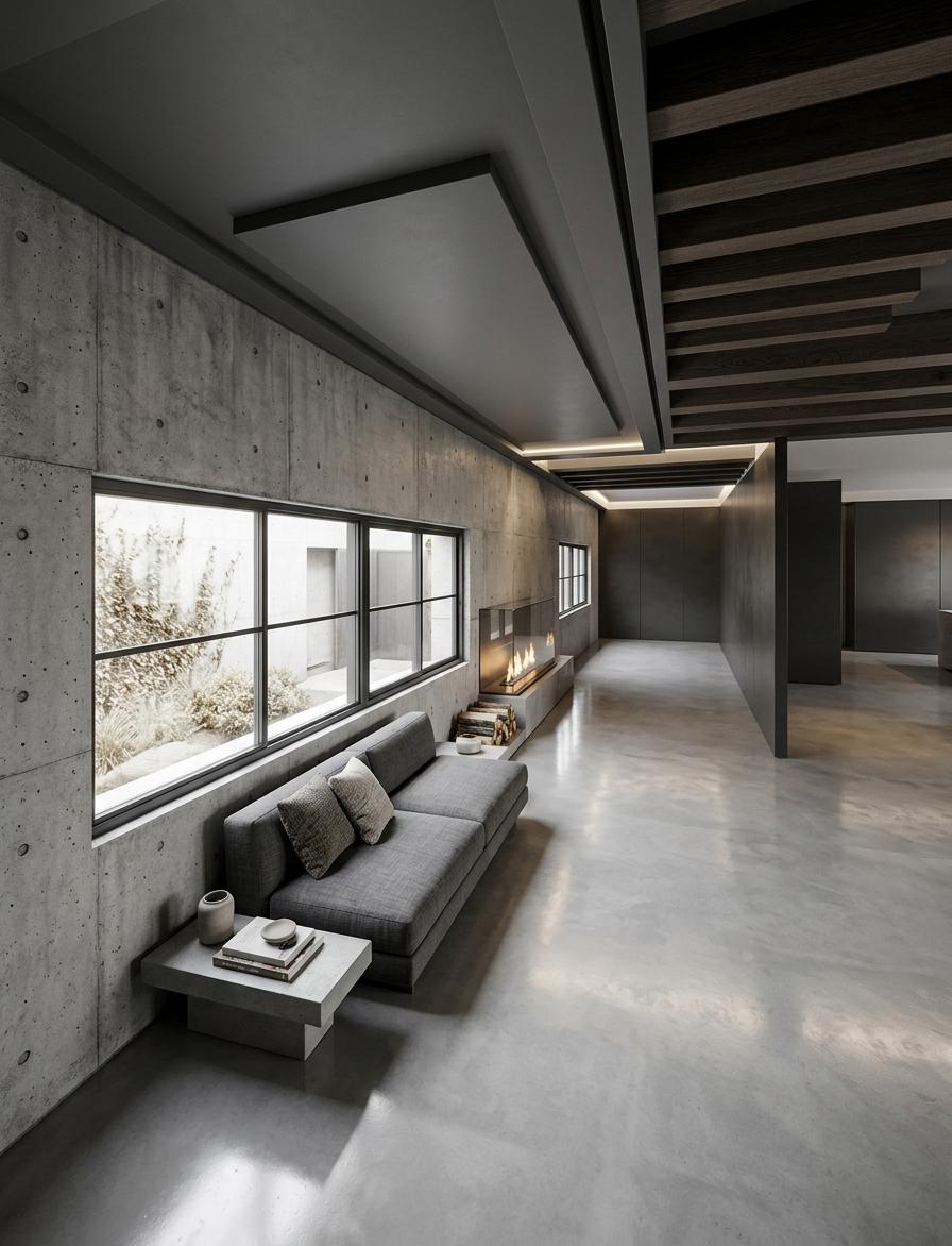 An architectural interior photograph of a modern brutalist living room captures this exact perspective, retaining the precise layout and structure of the room. The long left wall is made of raw, bare concrete showing natural variations, subtle formwork patterns, and a heavy, textured matte finish. Positioned beside the large double window with its clean, dark-trimmed frames is a low-profile, high-end minimalist lounge sofa upholstered in a textured linen fabric. Seamlessly integrated into the concrete wall in the space between the two windows is a sleek, linear fireplace with a cozy, clean-burning flame visible behind a glass pane. The ceiling transitions from a smooth, recessed drywall soffit on the left to parallel, dark-painted wooden joists on the right, matching the geometric structure perfectly. Soft, warm daylight streams through both windows, casting long, gentle shadows across the seamless, polished micro-cement floor, which features delicate reflections and faint natural wear. The overall atmosphere is captured with a professional wide-angle lens, rendering rich details, a natural depth of field, and a soft, realistic play of light and shadow on the concrete surfaces.