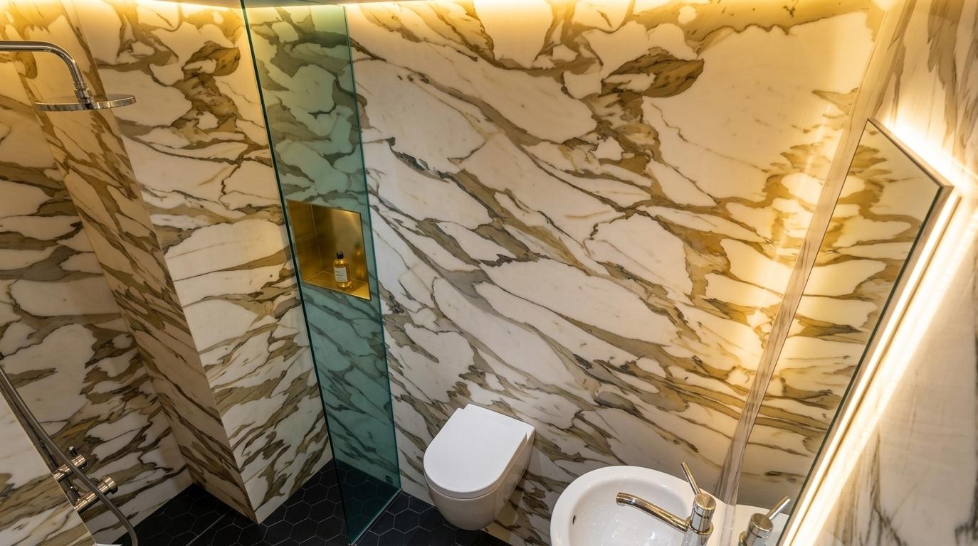 An incredibly lifelike, richly detailed, photorealistic wide-angle interior photo of a sleek, compact WC and integrated shower room set in a private, high-end modern residence. The scene is illuminated by concealed, warm LED strip lighting recessed along the ceiling perimeter and behind the vertical vanity mirror, creating a serene, cozy, and ultra-luxurious minimalist haven atmosphere. Captured with a Hasselblad H6D-100c and a 24mm wide-angle lens, emphasizing the sharp, organic veining of the bookmatched marble against the sleek, tactile quality of the new flooring, the design retains its exact original layout but is dramatically elevated by a floor composed entirely of seamless, matte-finished black hexagonal tiles with tight, dark charcoal grout lines. The dramatic, polished white Calacatta marble with bold gold and grey veins wraps the walls entirely, creating a high-contrast, artistic backdrop. On the left, a minimalist chrome rain shower head and matching hardware are paired with a structural, teal-tinted glass partition, dividing the shower stall where the black hexagon tiling extends continuously underneath to create a unified volume. At the center sits a low-profile, clean-lined white ceramic toilet, while a polished white pedestal basin with elegant chrome fixtures occupies the right foreground, perfectly balanced beneath a backlit, vertical mirror that reflects the stone’s rich, natural patterns in an exercise of precise proportion, high-end materiality, and balanced human scale.