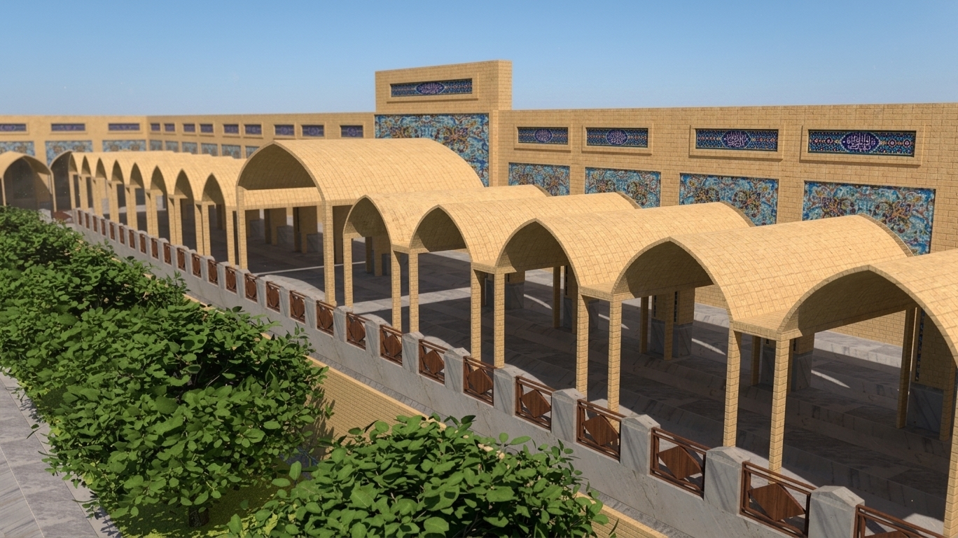 A lifelike midday summer photograph of this architectural walkway, captured under a bright, clear blue sky with intense, direct overhead sunlight casting short, high-contrast shadows. The porous texture of the yellow-brick arches is rendered with sandy micro-details and subtle variations in clay tone, showing signs of natural sun-baked weathering and dusty grout lines. The intricate blue-tiled mosaic panels on the rear walls glisten with a semi-gloss ceramic sheen, catching sharp highlights and reflecting the vibrant sky with realistic imperfection. The wooden and stone balustrade features natural grain patterns on the wood and faint veins on the marble trim under the hot sun. In the foreground, the dense green shrubbery displays organic foliage details with delicate subsurface scattering from the harsh sunlight, creating realistic highlights on the leaves, with some showing slight dust and dry edges. The entire scene is captured through a professional wide-angle lens, characterized by crisp textures, natural color saturation, a faint layer of atmospheric warmth, and a very subtle lens flare consistent with a hot, bright summer noon.