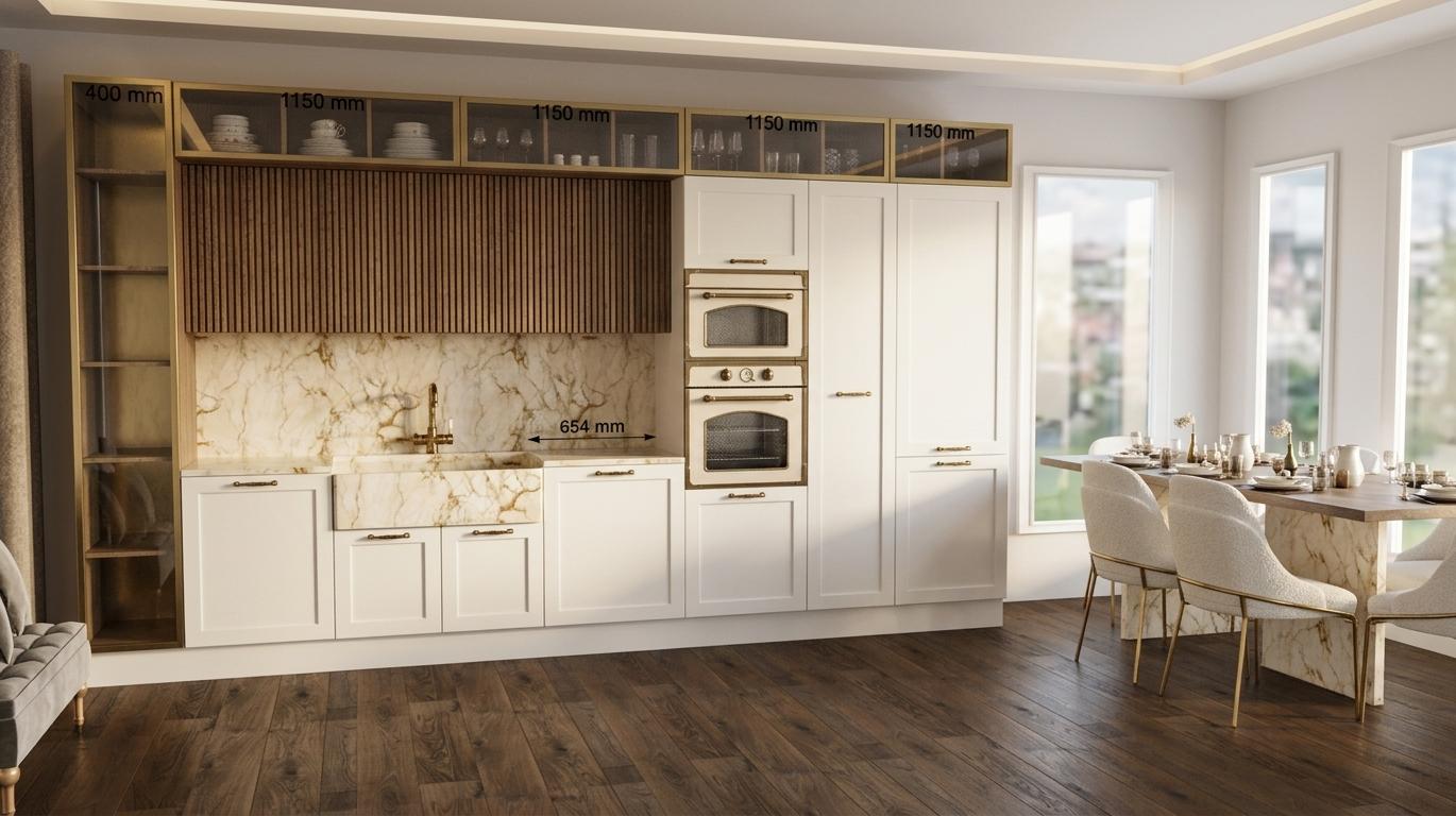 A bright, professionally photographed interior image of a modern classic kitchen and dining room during midday. Crisp, high-angle natural daylight streams into the room from the large windows on the right, illuminating the space with a neutral, clean color temperature and casting soft, realistic shadows across the wide-plank, dark oak hardwood floor. The kitchen cabinets are rendered in elegant matte white shaker styling with refined brass hardware, while the backsplash and sink basin are crafted from luxurious Calacatta gold marble showing subtle, organic veining. Above the counter, the vertical wooden slats feature a rich, satiny grain, capped by upper cabinets of clear glass framed in warm, polished brass. Built-in white and brass-trimmed ovens sit seamlessly within the tall cabinetry. To the right, the dining table with its marble-clad base and dark top is details with fine ceramic tableware, surrounded by plush, light-toned upholstered chairs on slender brass legs. The photograph is captured with a high-end tilt-shift lens at f/8, ensuring sharp focal clarity, minimal distortion, and natural, subtle textures on all surfaces, complete with realistic reflections on the glassware and metal surfaces.