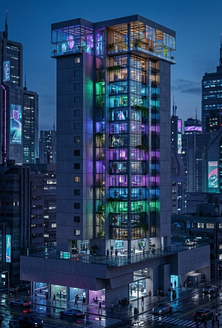 An incredibly lifelike, richly detailed, photorealistic low-angle architectural photo of a towering, multi-story modern residential high-rise featuring a spectacular cyber-eclectic penthouse living room, set in a bustling futuristic metropolis at twilight. The scene is illuminated by a vibrant wash of neon blues, deep purples, and electric greens radiating from the floor-to-ceiling glass facades, creating a moody, high-octane cyberpunk atmosphere against the dark urban sky. Captured with a wide-angle architectural shift lens, emphasizing the towering vertical geometry of the building, the crisp reflections on the glazed panels, and the rich textures of the concrete and metal surfaces. The architectural design showcases a sleek, matte-finished concrete tower resting on a broad, modern podium base, crowned by a glowing double-height penthouse. Through the sweeping glass walls of the living spaces, one can glimpse an interior filled with holographic wall art, cutting-edge metal and LED-accented furniture, mixed-media surfaces, and lush indoor plants cascading gracefully over the glass-paneled balconies. The damp streets below mirror the building’s brilliant luminescence, grounding this striking fusion of gritty, tech-inspired industrial design and bold, futuristic luxury.