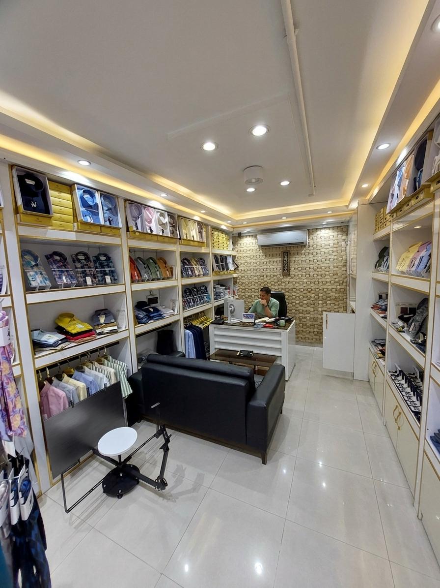 An incredibly lifelike, richly detailed, photorealistic wide-angle interior shot of a bespoke clothing store reimagined as a minimalist haven set in an upscale design enclave. The scene is illuminated by soft, recessed perimeter LED strips and warm, diffused spotlights, creating a serene, inviting, and highly sophisticated atmosphere. Captured with a Hasselblad H6D-100c and a 24mm wide-angle lens, emphasizing the matte texture of the seamless plaster walls, the fine grain of light oak finishes, and the tactile quality of premium linen fabrics. The original cluttered shelving is replaced with a streamlined, modular display system featuring sleek metal racks and warm wooden shelves that exhibit garments sparingly in a curated palette of white, gray, and subtle pastels. A low-profile, zen-inspired lounge area replaces the heavy black sofa with an elegant, slim-framed bench in oatmeal-colored linen, accompanied by a sculptural side table of brushed steel displaying a single open photography book and a minimalist ceramic vase. In the background, the busy textured wall is transformed into a smooth, warm-gray accent wall adorned with a large, framed piece of abstract monochrome wall art, providing a calm backdrop to a floating light-oak service desk that remains entirely clutter-free. A tall, slender fiddle-leaf fig plant in a raw concrete pot stands elegantly in the corner, bringing a touch of nature indoors, while the polished terrazzo floor reflects the balanced, symmetrical design lines of this modern retail sanctuary.