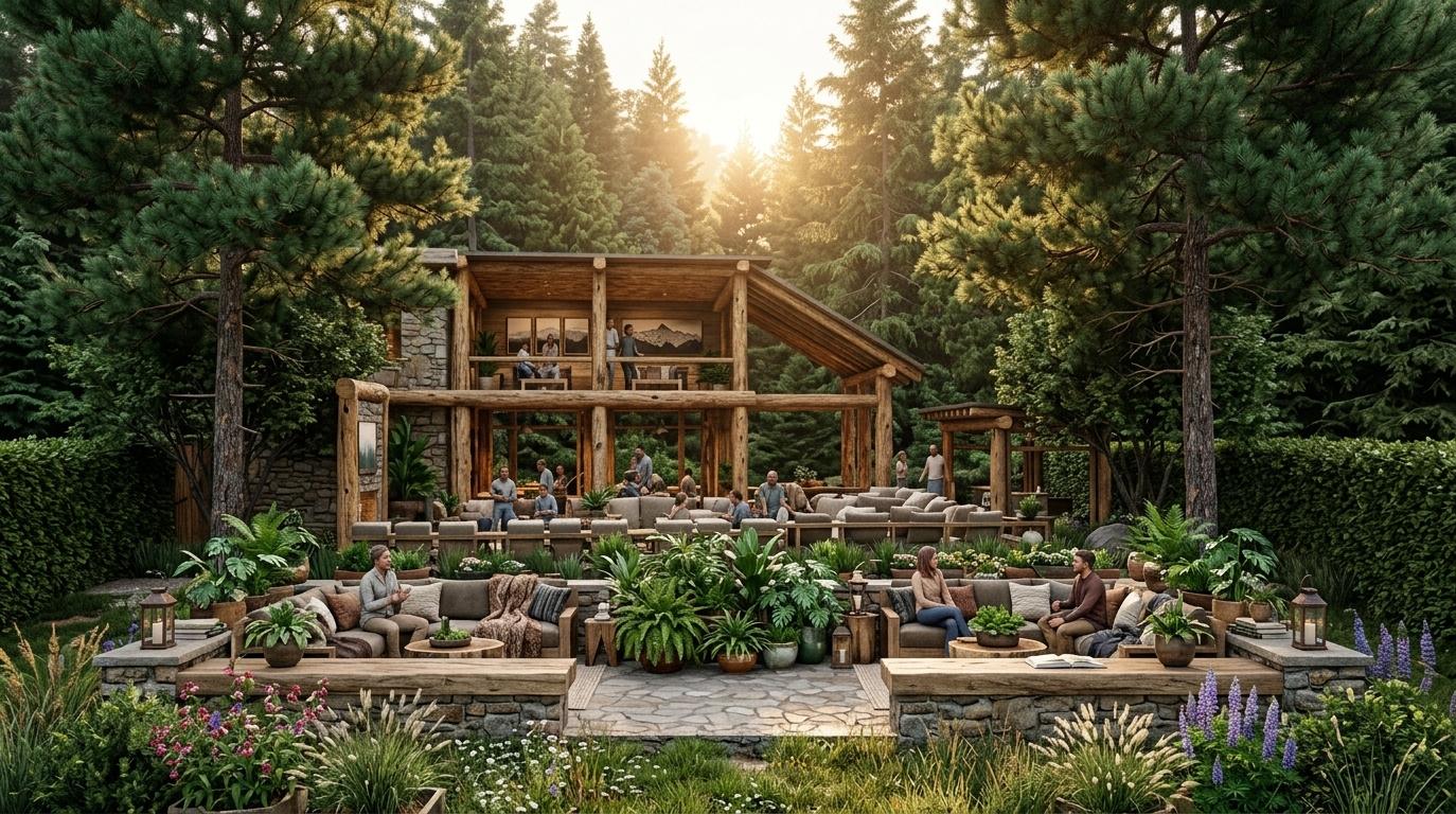 An incredibly lifelike, richly detailed, photorealistic wide-angle architectural photo of a rustic, multi-level mountain escape pavilion nestled in a rugged alpine forest during a crisp summer morning. The scene is illuminated by the warm, golden glow of a soft sunrise breaking through the canopy, creating a cozy, inviting, and tranquil atmosphere. Captured with a professional medium-format camera, emphasizing the highly textured surfaces, natural log posts, and sturdy wooden furniture. Transforming the modern lines of the structure into a cabin-inspired retreat, the open-sided lodge features earthy shades of deep greens, rich browns, and warm neutrals, blending seamlessly with the surrounding lush pine trees. On the lower level, guests relax in comfortable, plush seating interspersed with vibrant indoor plants and elegant decor reminiscent of a high-end photography book. The upper level resembles a cozy attic-style loft under a beautifully textured wood-beamed ceiling, complete with subtle mountain-inspired elements and mountain range wall art that enhance the serene, nature-integrated design.